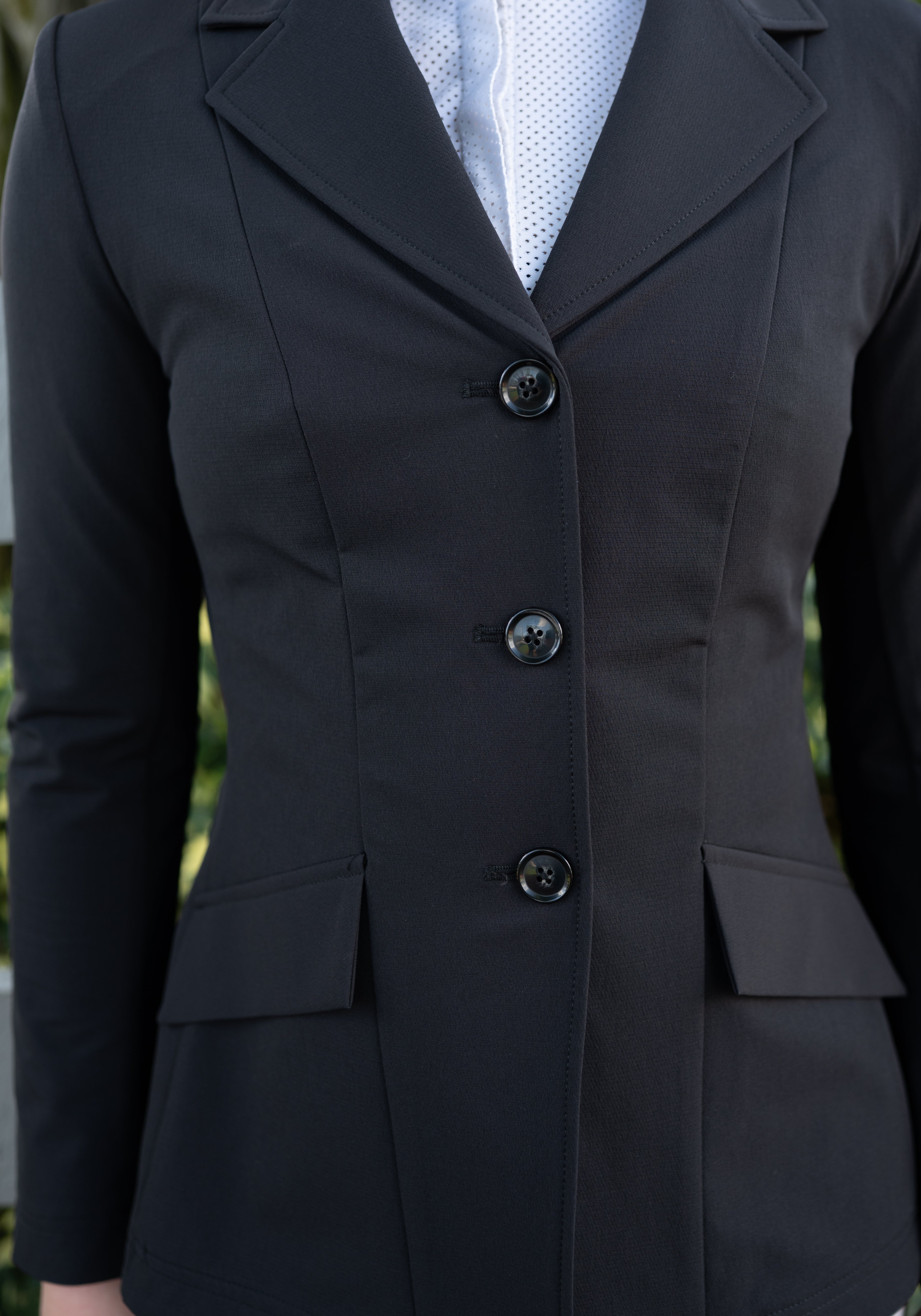 Grand Prix Ladies EQJ 3 Button Show Coat, NY Tech Fabric, Black - Equiluxe Tack