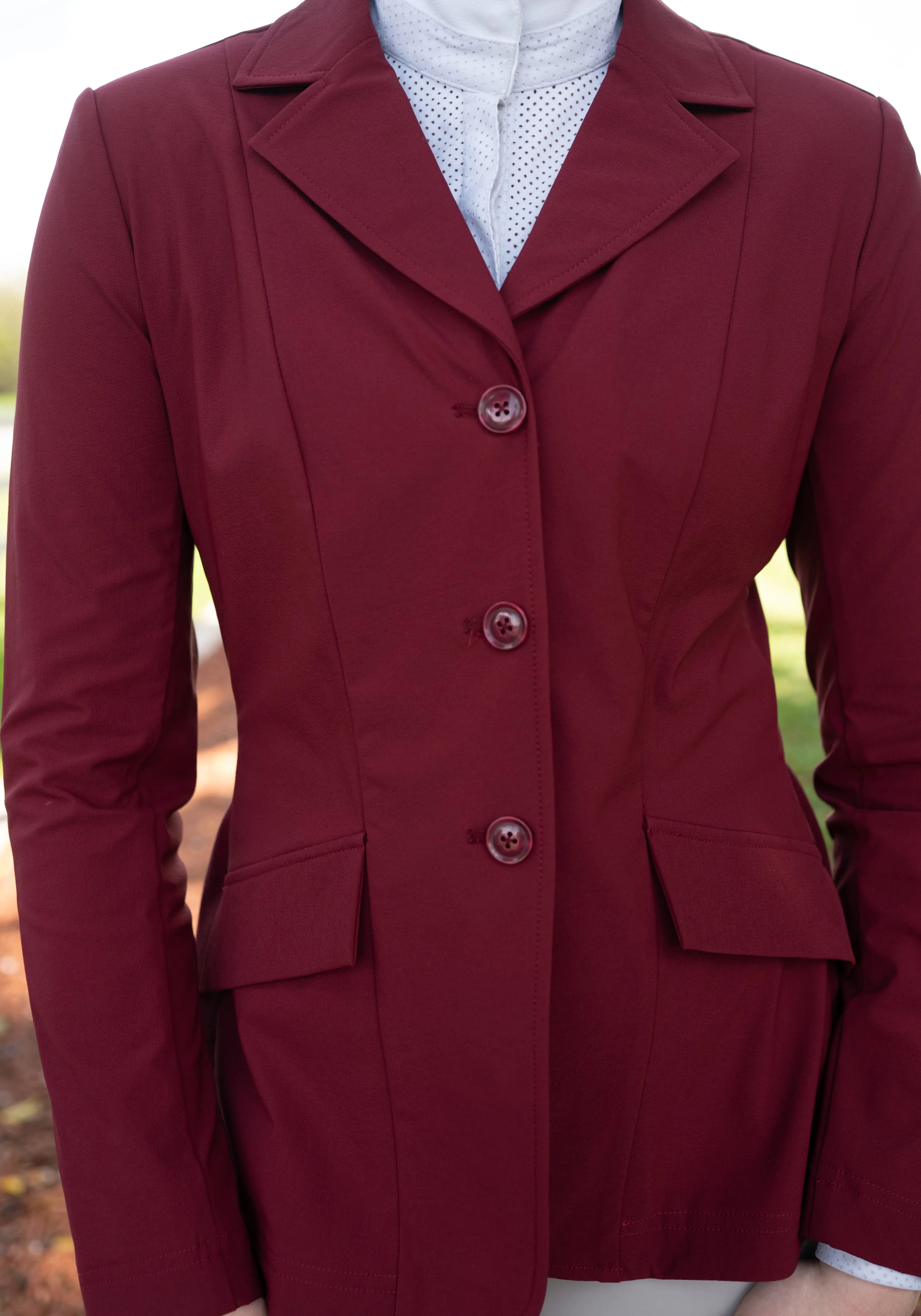 Grand Prix Ladies EQJ 3 Button Show Coat, NY Tech Fabric, Burgundy - Equiluxe Tack