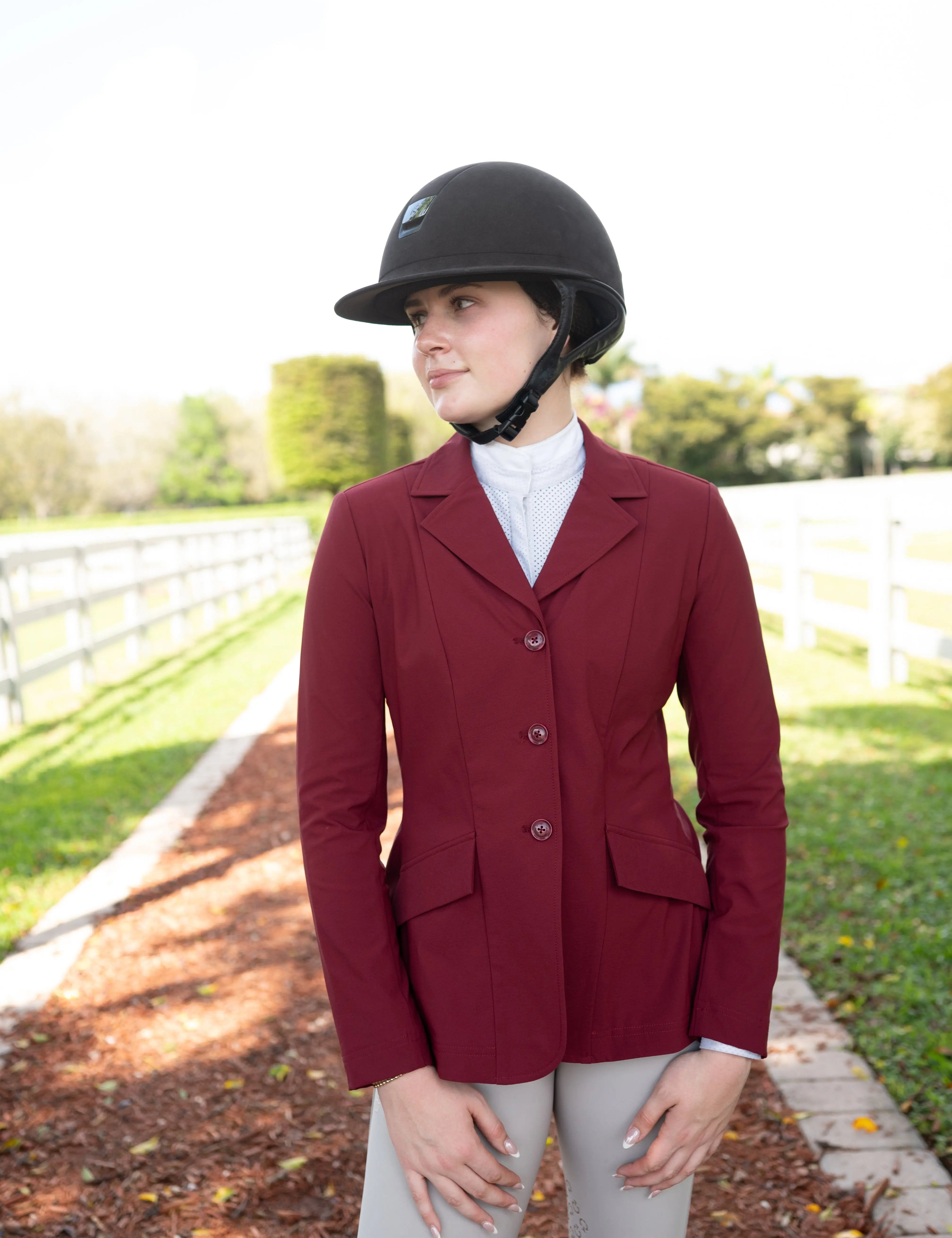 Grand Prix Ladies EQJ 3 Button Show Coat, NY Tech Fabric, Burgundy - Equiluxe Tack