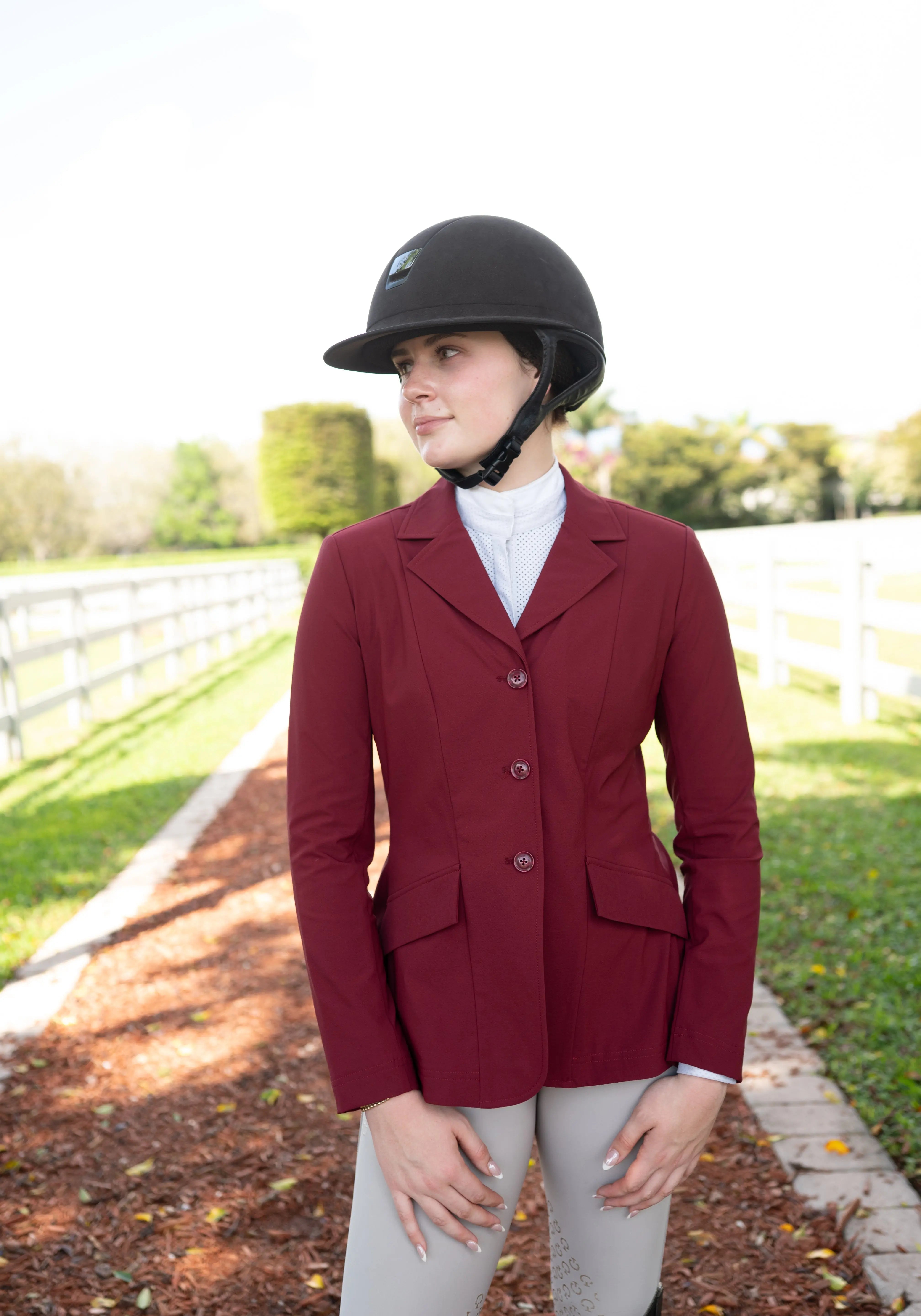 Grand Prix Ladies EQJ 3 Button Show Coat, NY Tech Fabric, Burgundy - Equiluxe Tack