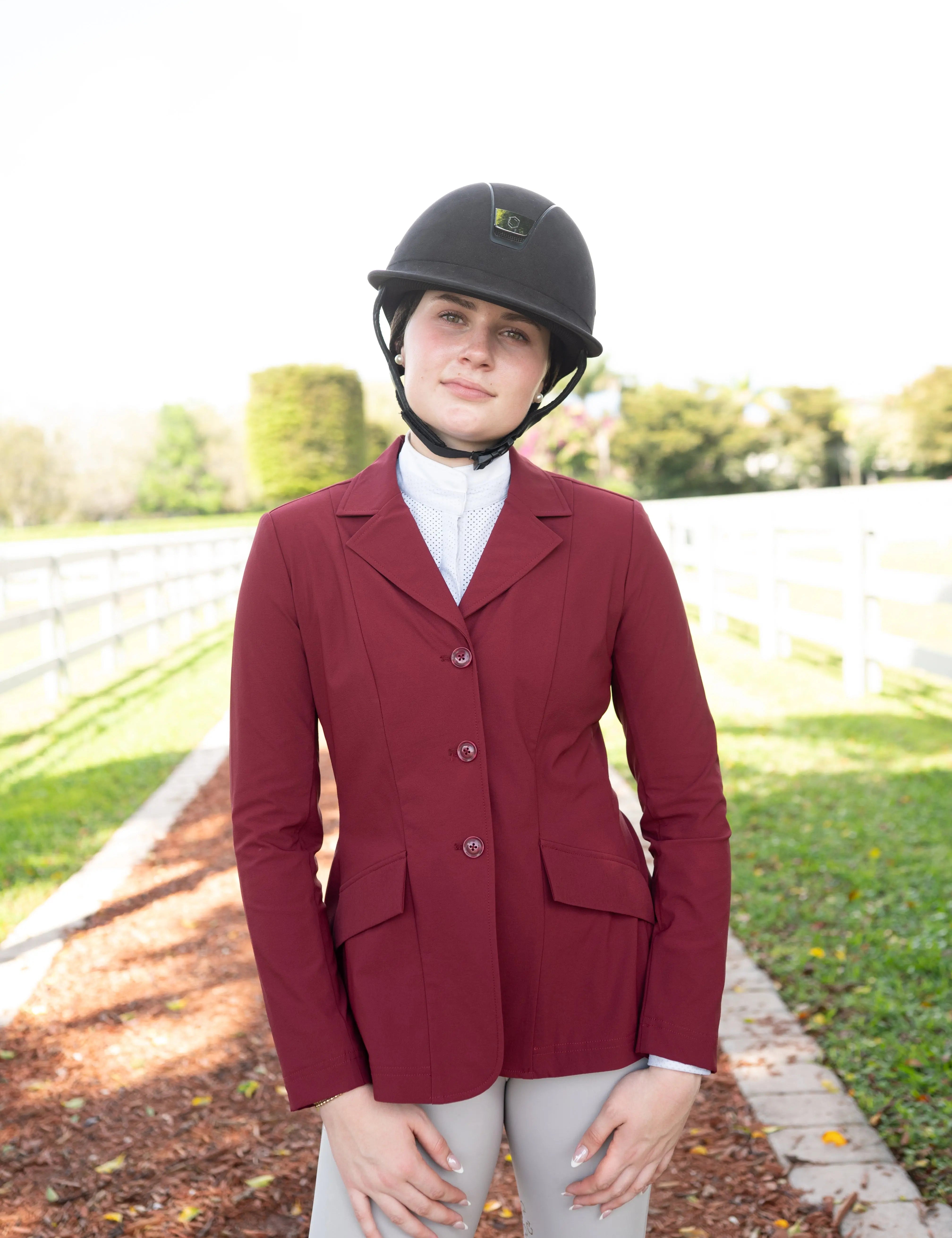 Grand Prix Ladies EQJ 3 Button Show Coat, NY Tech Fabric, Burgundy - Equiluxe Tack
