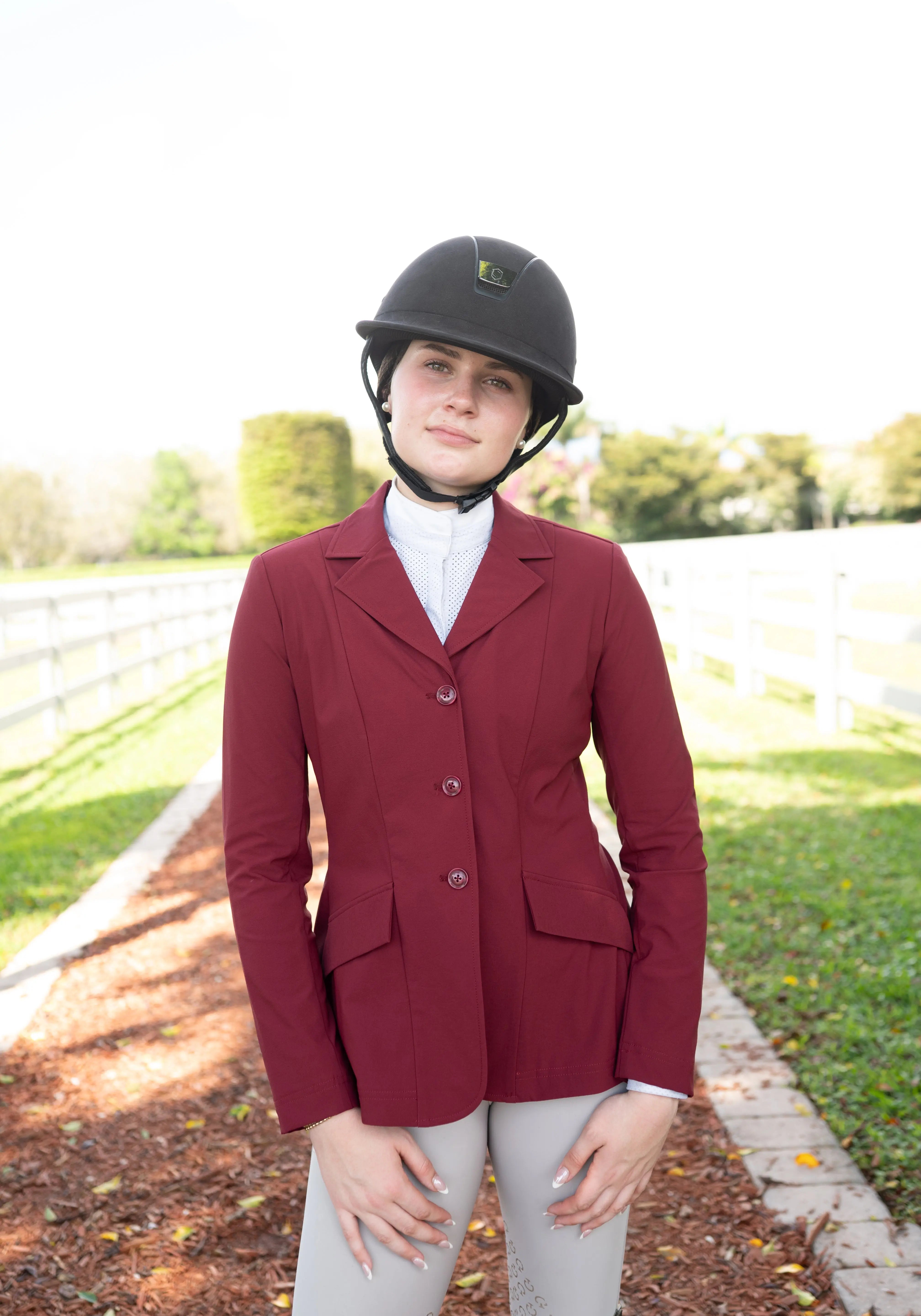 Grand Prix Ladies EQJ 3 Button Show Coat, NY Tech Fabric, Burgundy - Equiluxe Tack