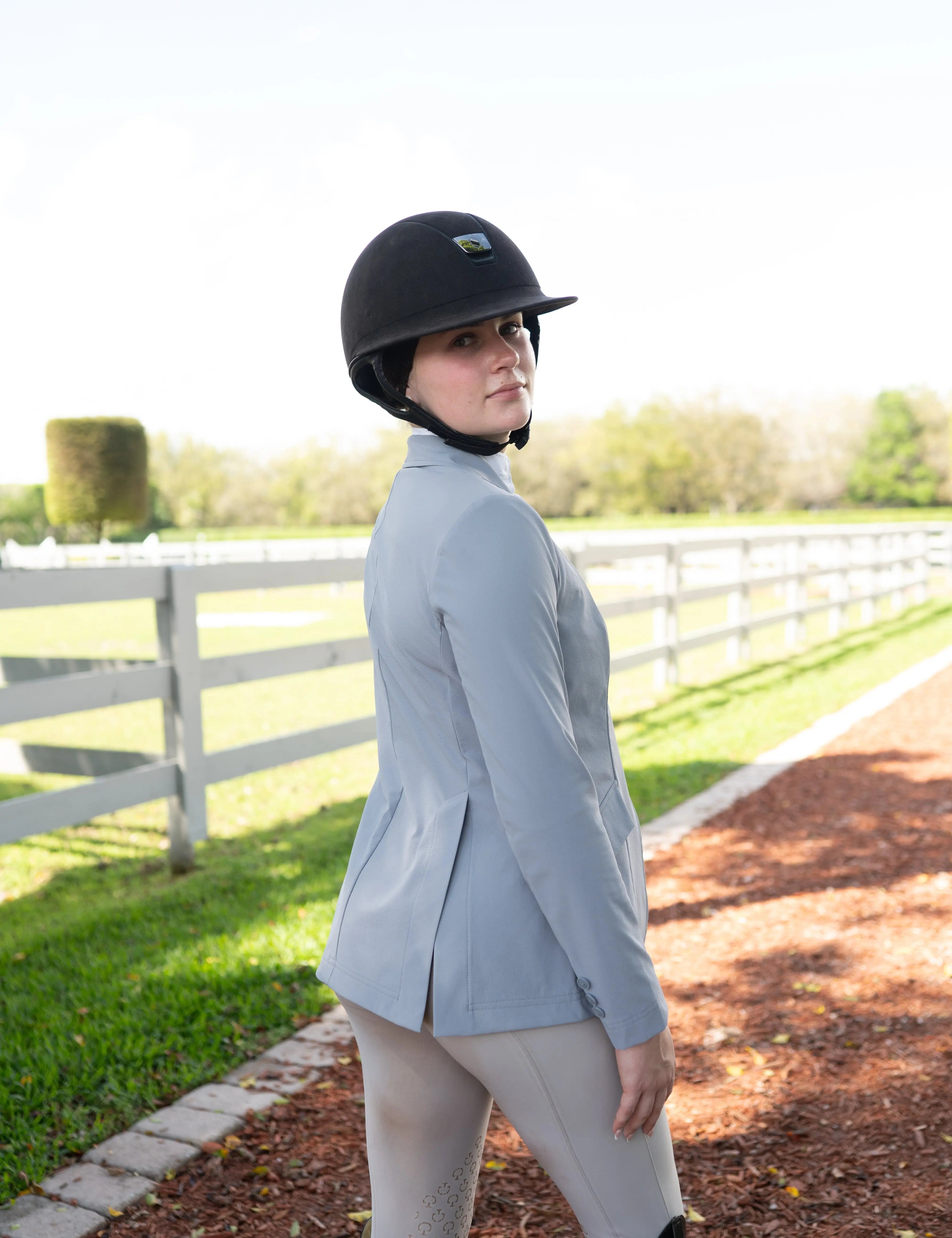 Grand Prix Ladies EQJ 3 Button Show Coat, NY Tech Fabric, Cadet Blue - Equiluxe Tack
