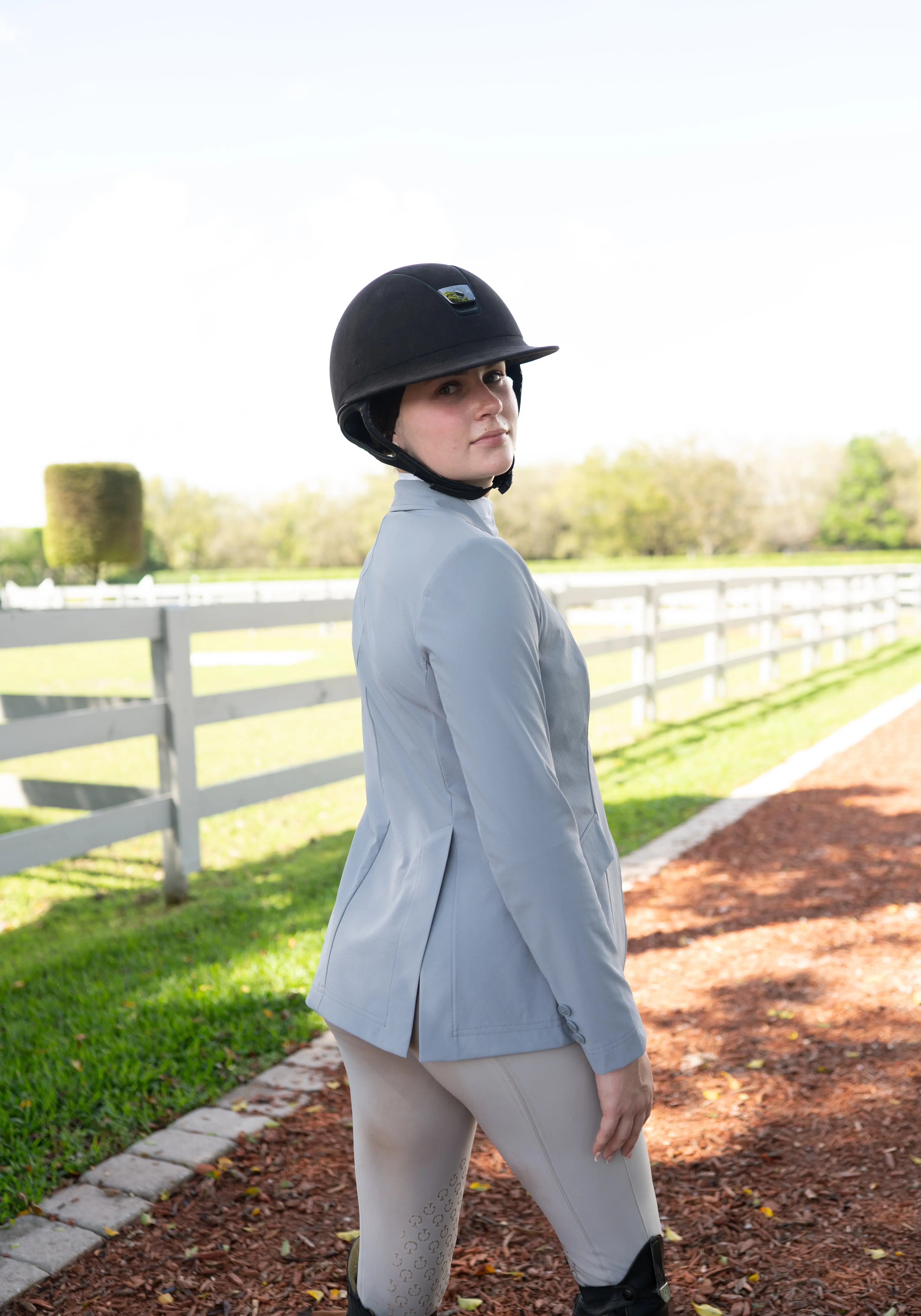 Grand Prix Ladies EQJ 3 Button Show Coat, NY Tech Fabric, Cadet Blue - Equiluxe Tack