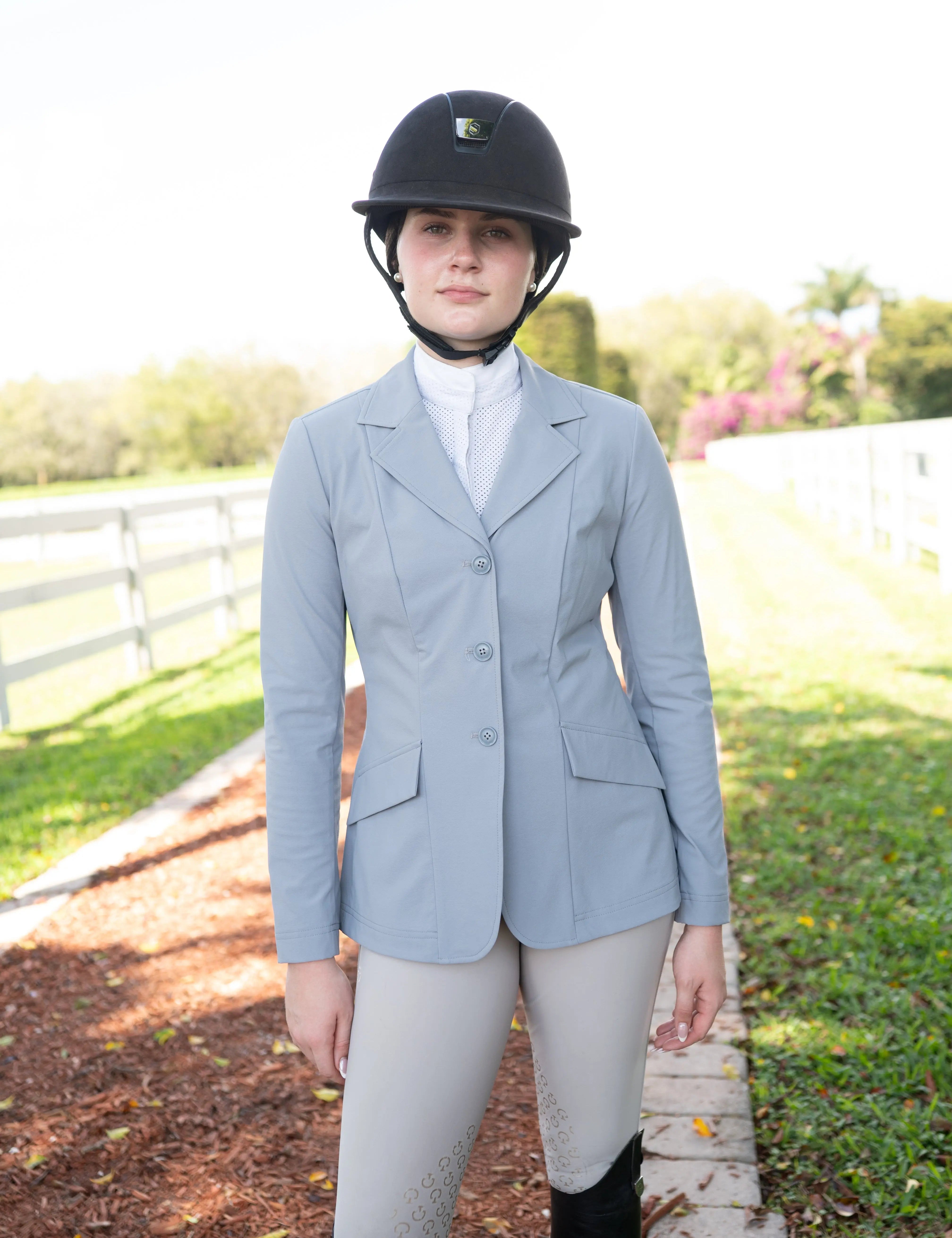 Grand Prix Ladies EQJ 3 Button Show Coat, NY Tech Fabric, Cadet Blue - Equiluxe Tack