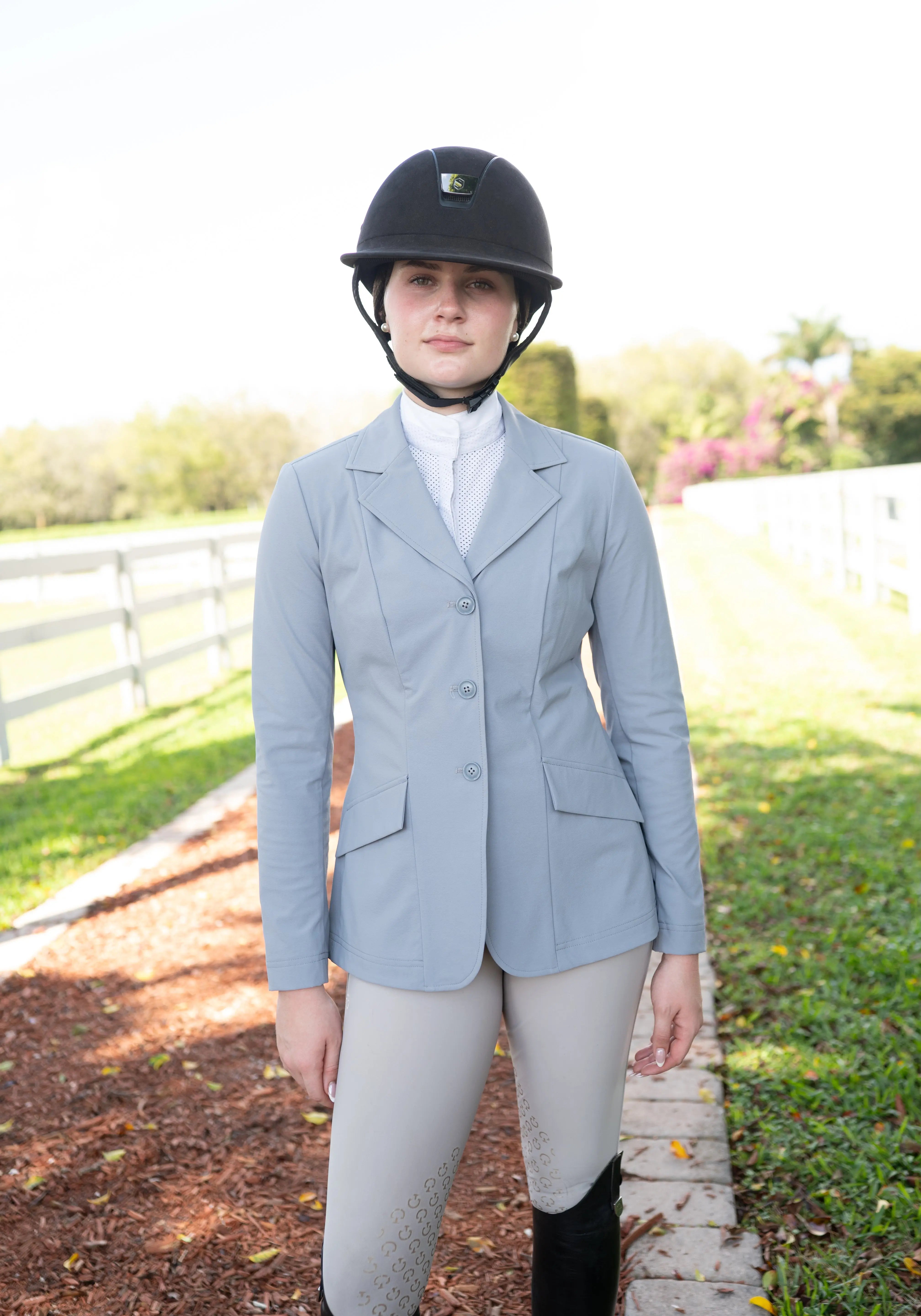Grand Prix Ladies EQJ 3 Button Show Coat, NY Tech Fabric, Cadet Blue - Equiluxe Tack