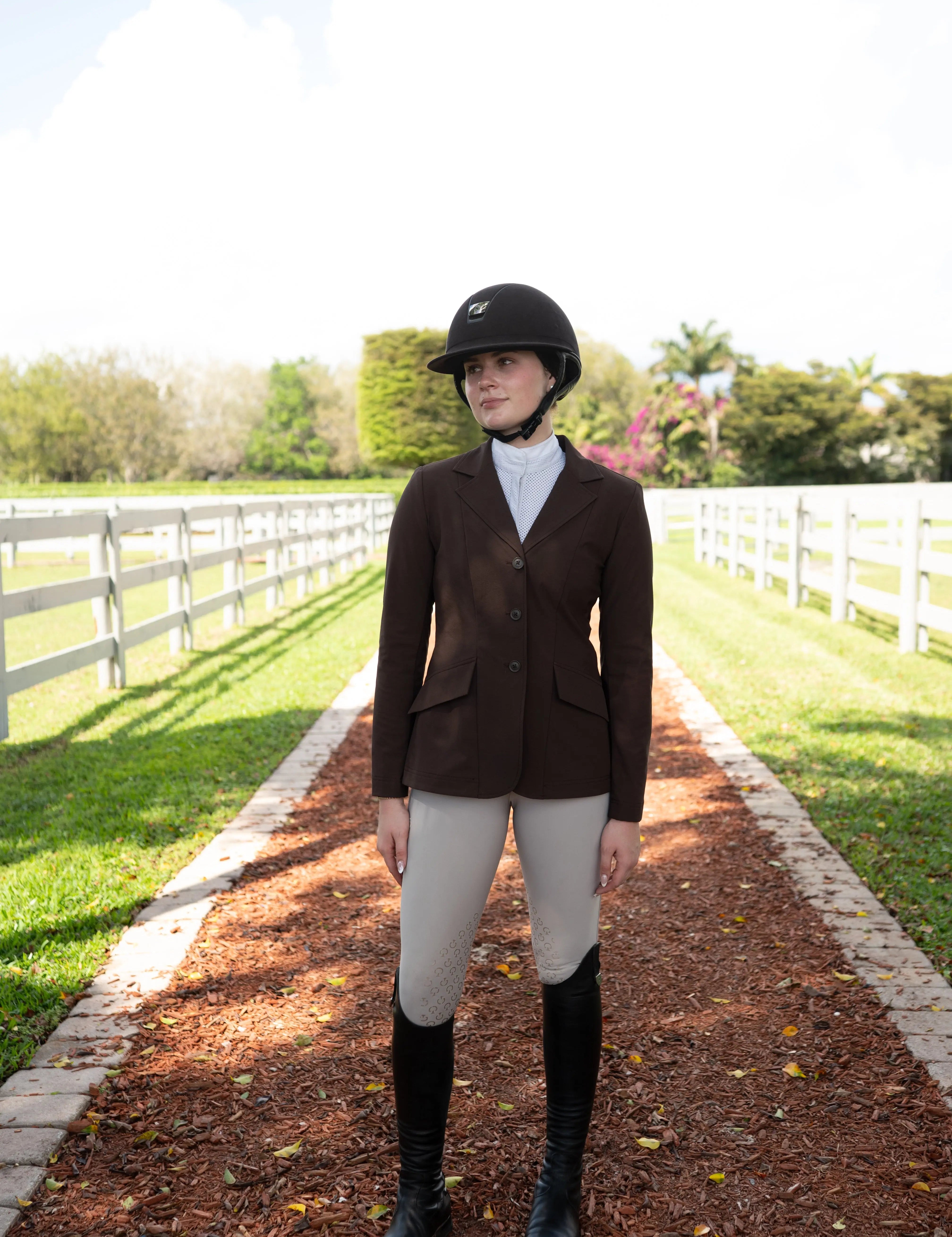 Grand Prix Ladies EQJ 3 Button Show Coat, NY Tech Fabric, Chocolate - Equiluxe Tack
