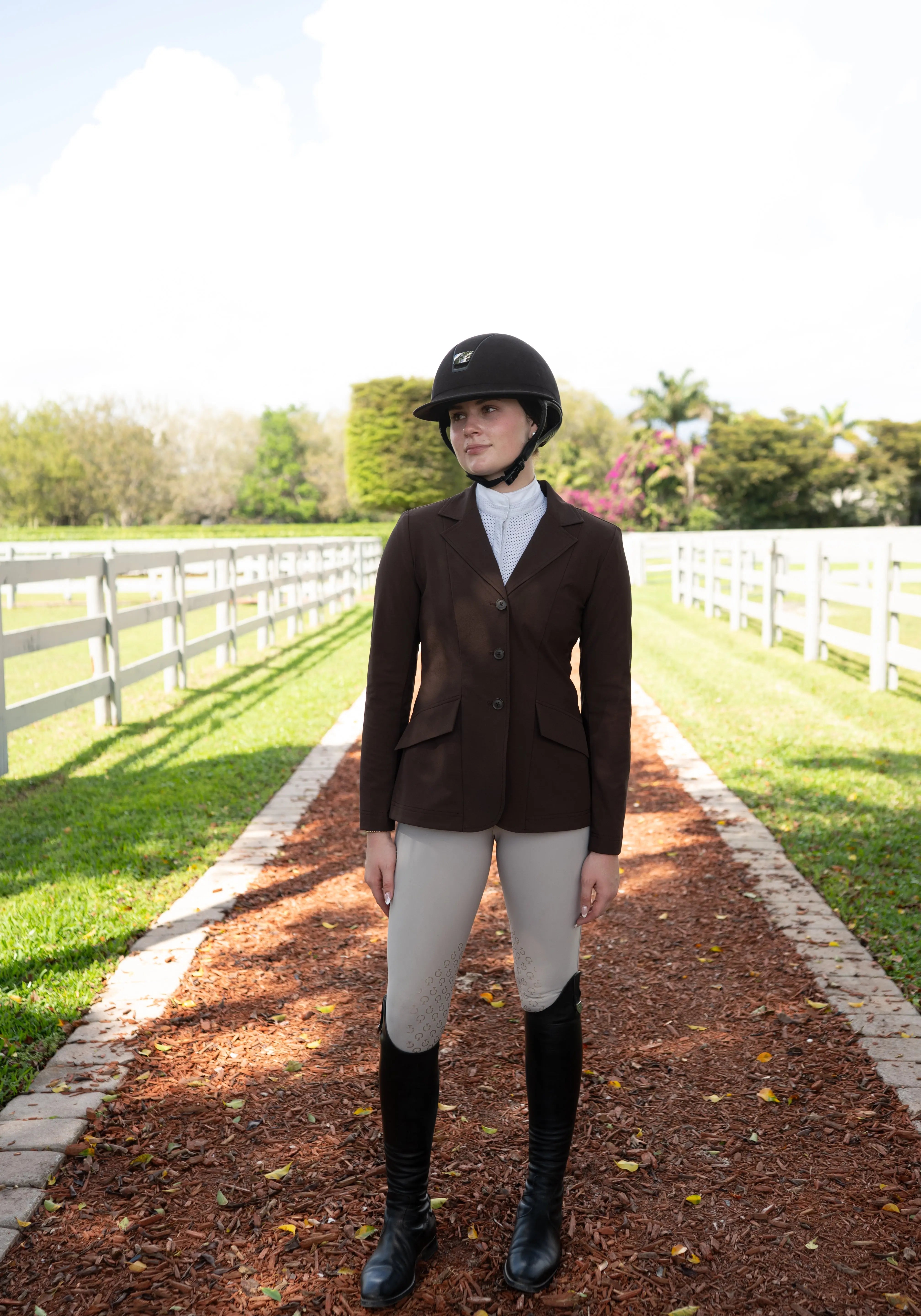 Grand Prix Ladies EQJ 3 Button Show Coat, NY Tech Fabric, Chocolate - Equiluxe Tack