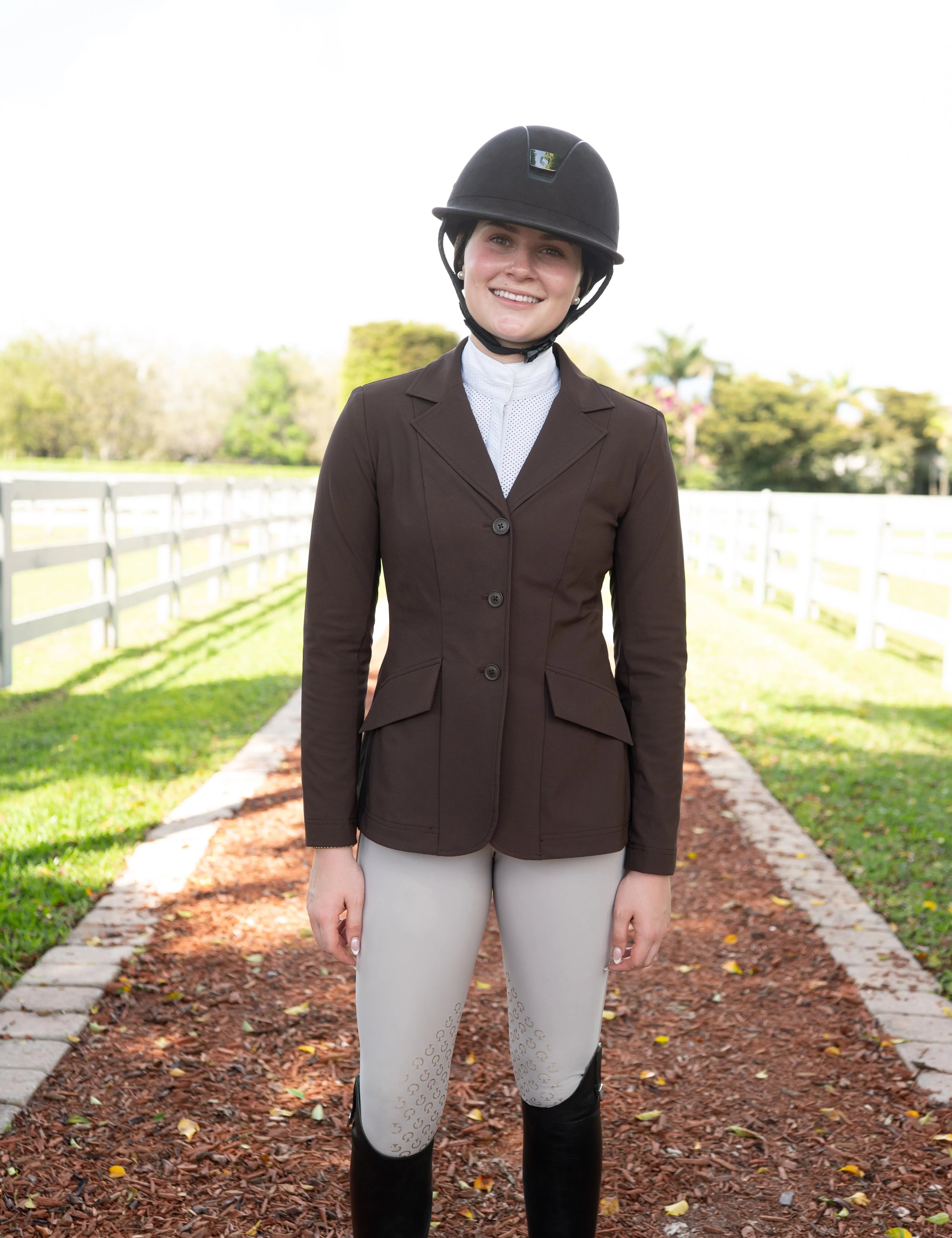 Grand Prix Ladies EQJ 3 Button Show Coat, NY Tech Fabric, Chocolate - Equiluxe Tack