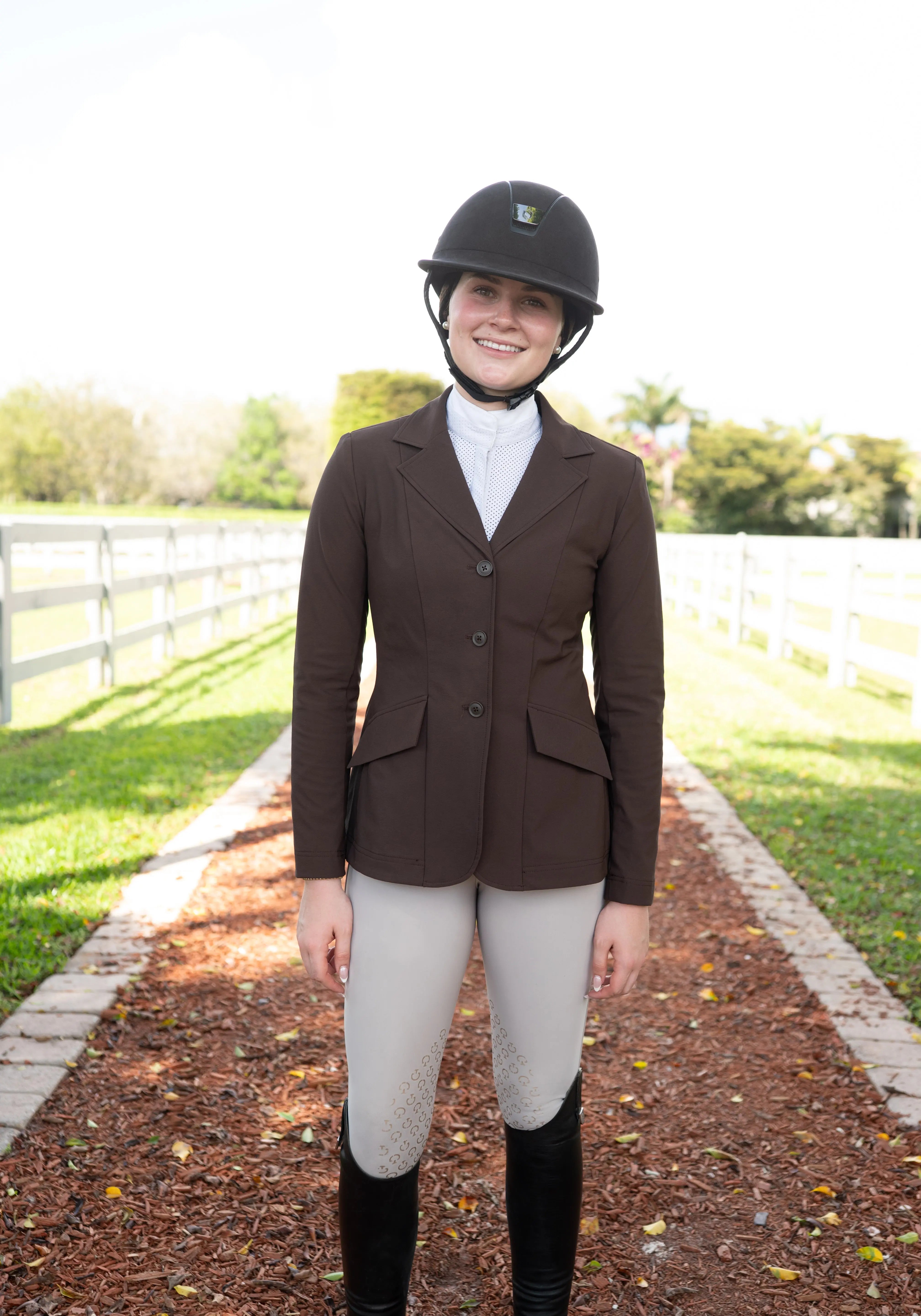 Grand Prix Ladies EQJ 3 Button Show Coat, NY Tech Fabric, Chocolate - Equiluxe Tack