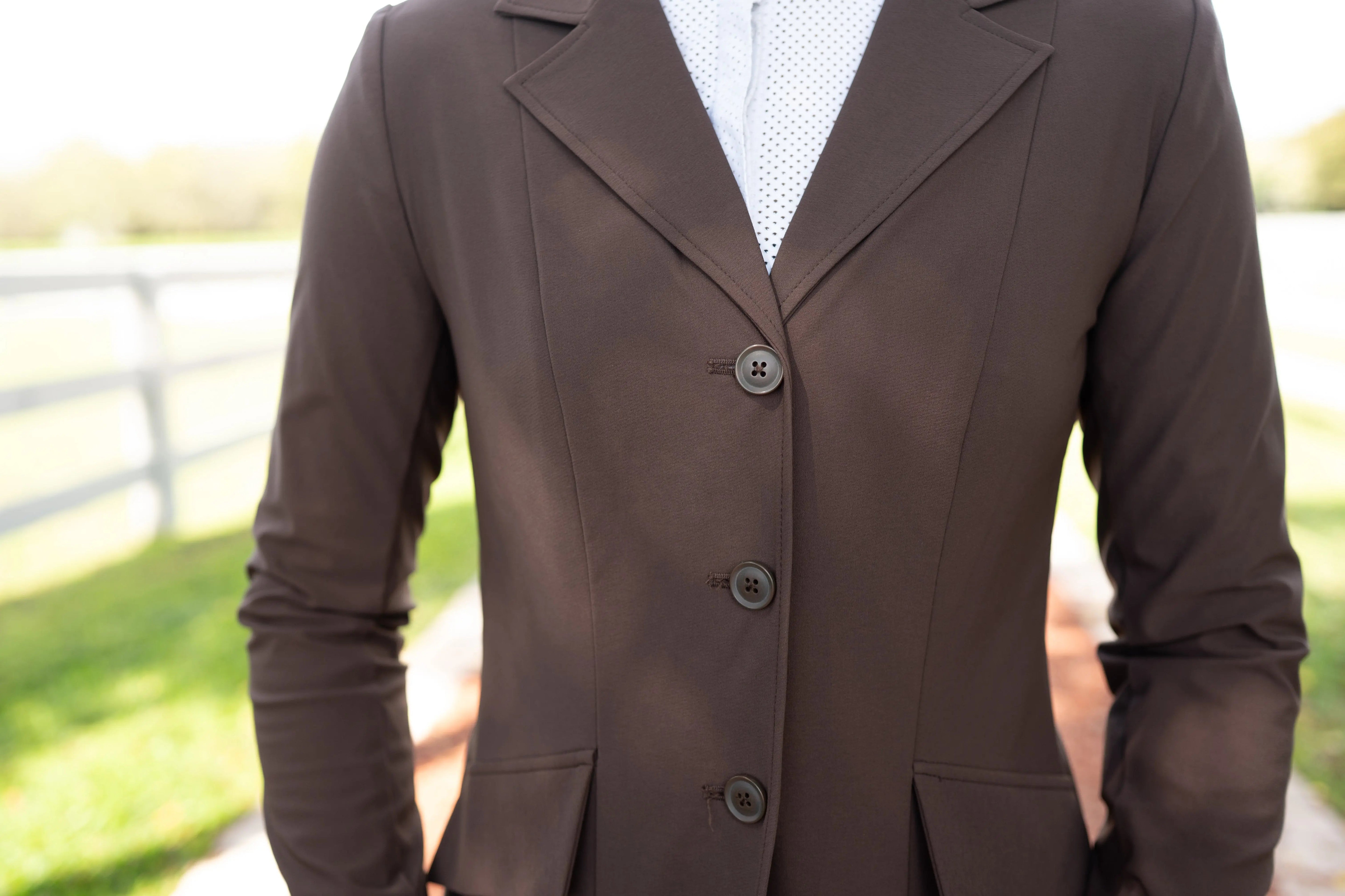 Grand Prix Ladies EQJ 3 Button Show Coat, NY Tech Fabric, Chocolate - Equiluxe Tack