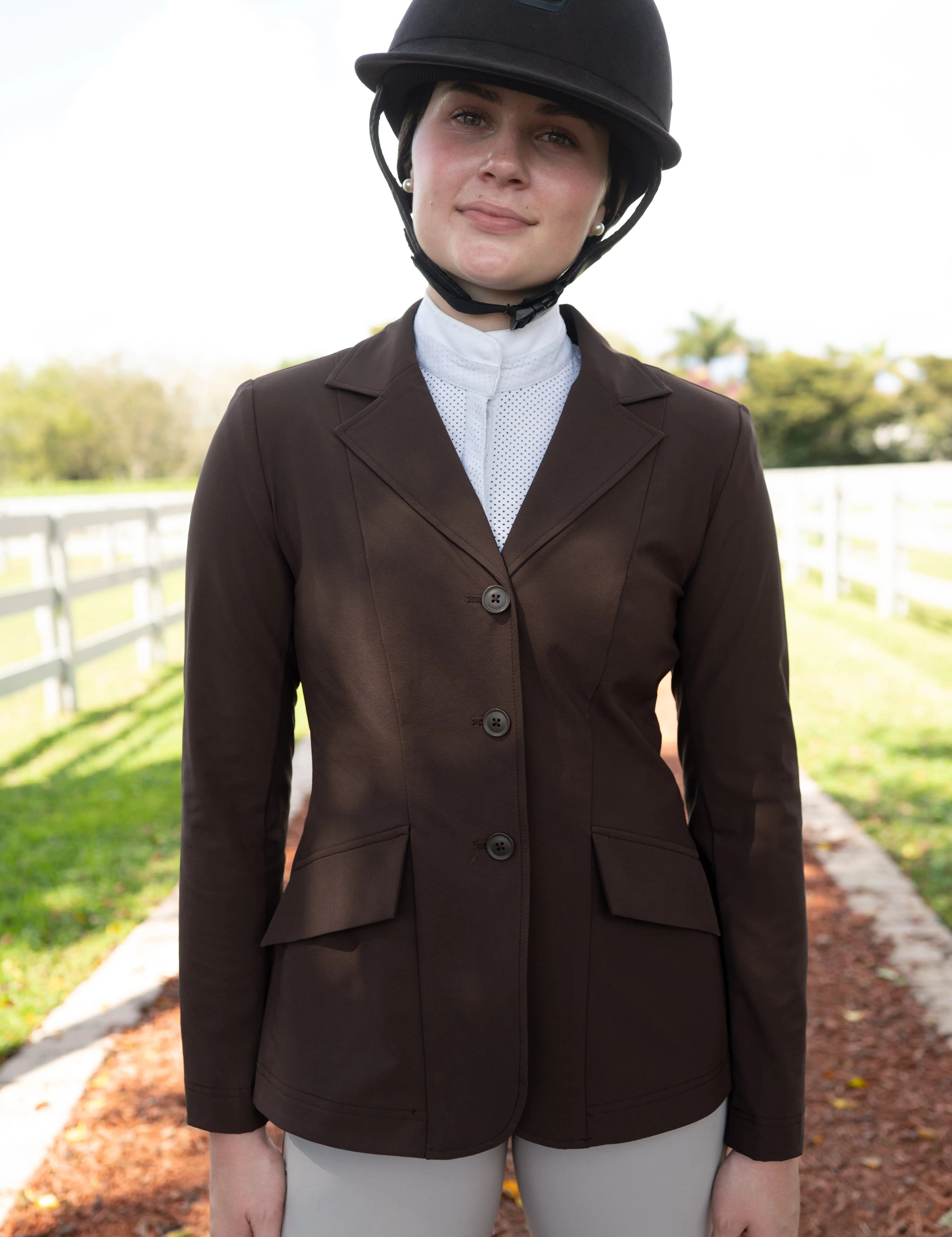 Grand Prix Ladies EQJ 3 Button Show Coat, NY Tech Fabric, Chocolate - Equiluxe Tack