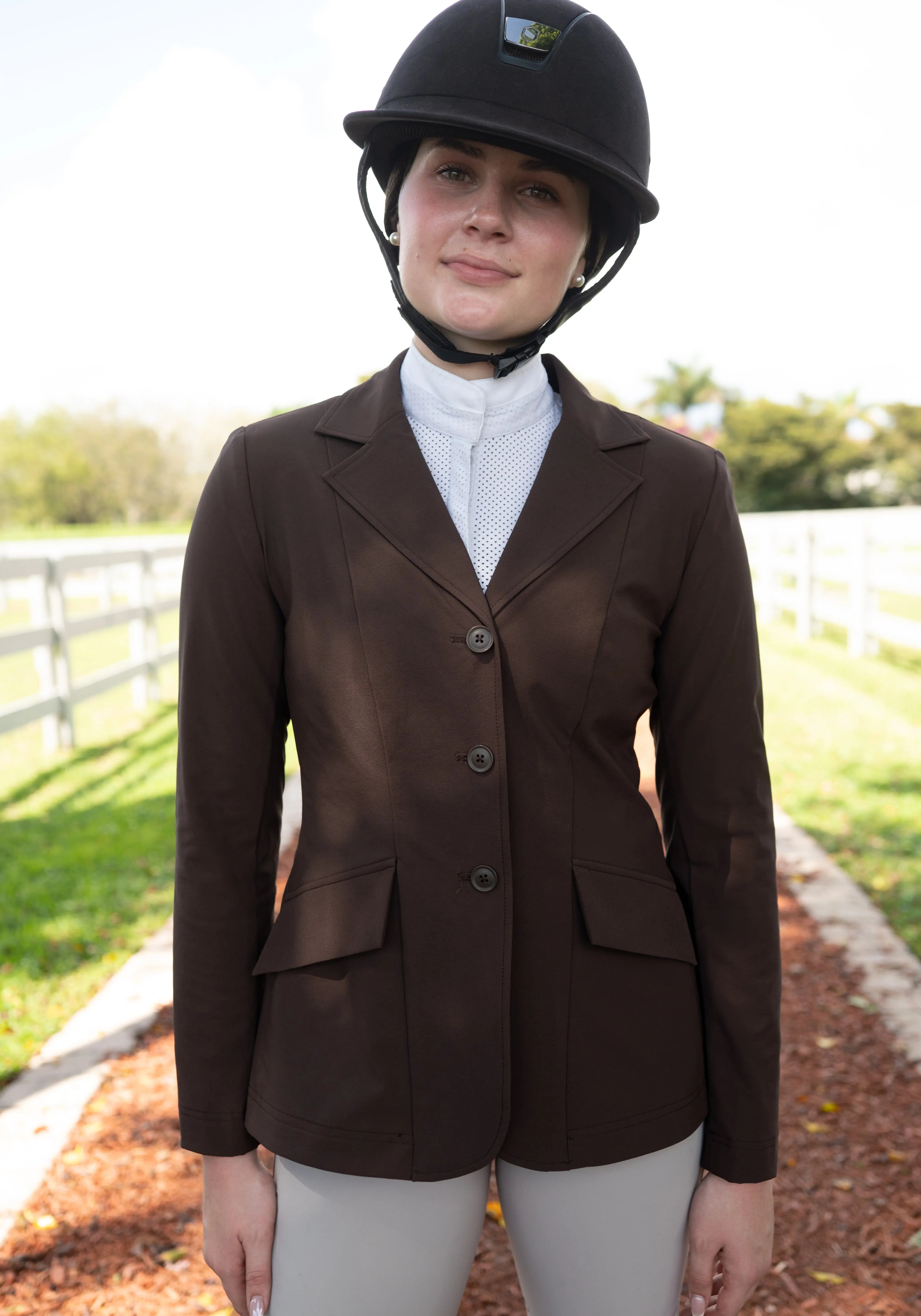 Grand Prix Ladies EQJ 3 Button Show Coat, NY Tech Fabric, Chocolate - Equiluxe Tack