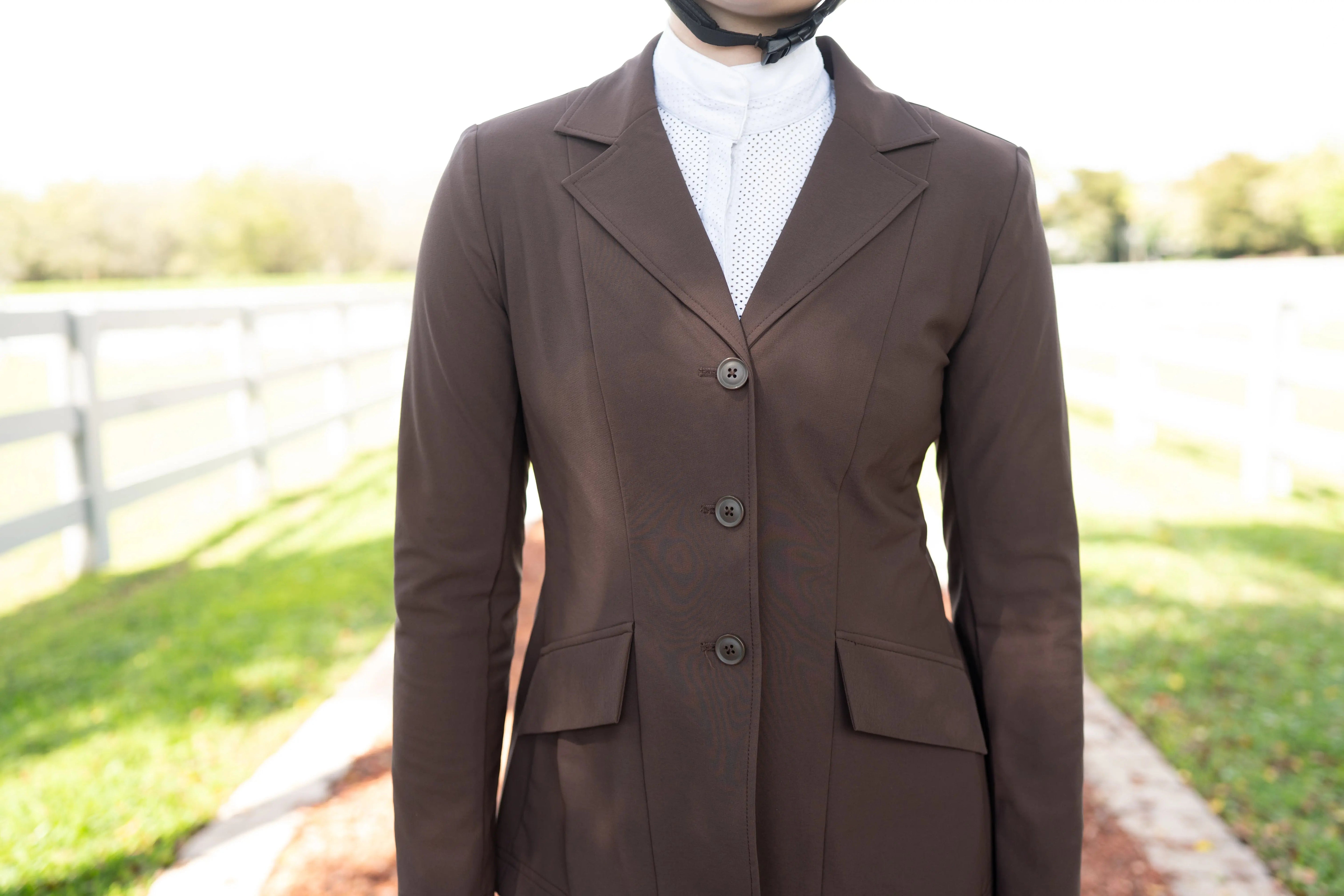 Grand Prix Ladies EQJ 3 Button Show Coat, NY Tech Fabric, Chocolate - Equiluxe Tack
