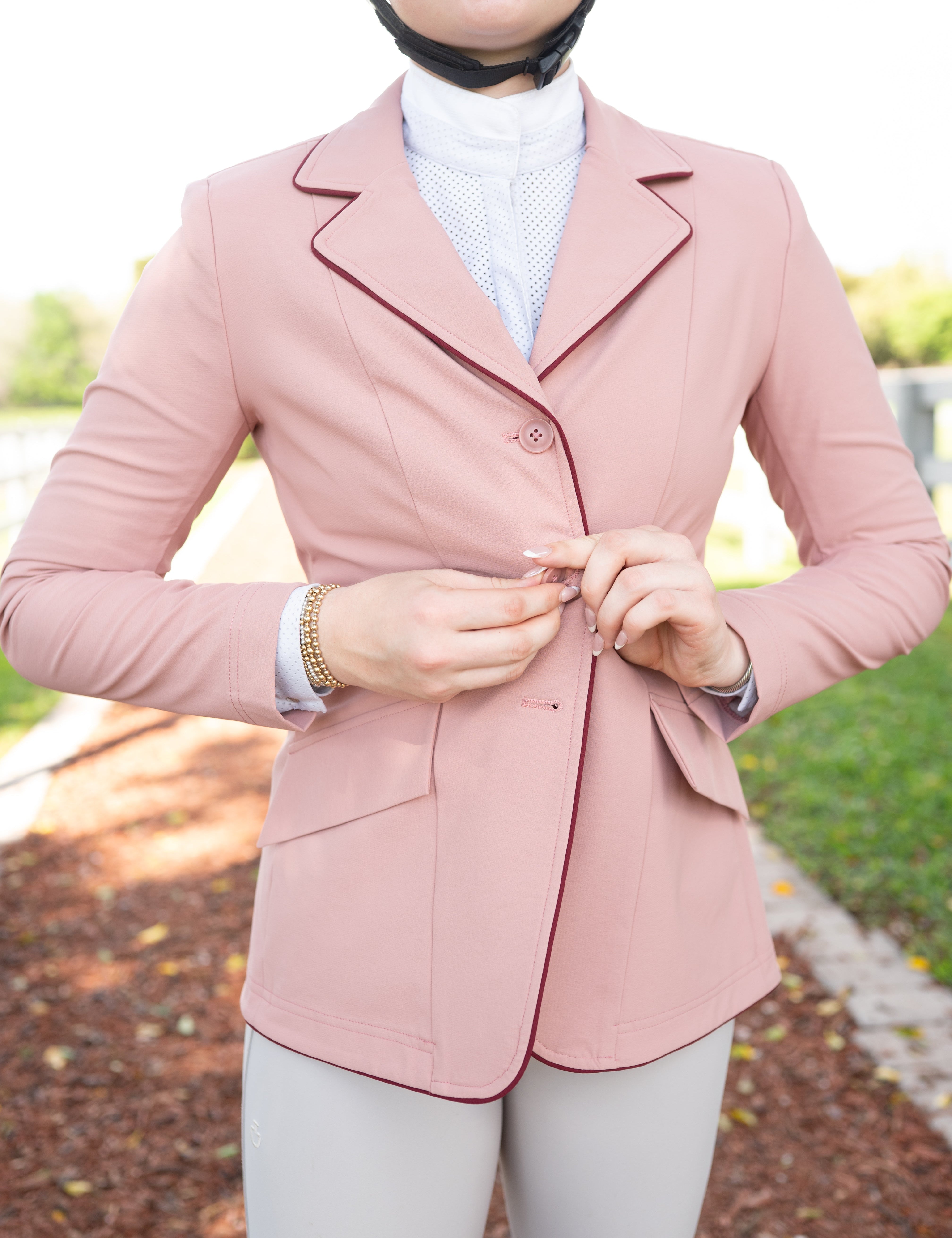 Grand Prix Ladies EQJ 3 Button Show Coat, Rose with Burgundy Piping - Equiluxe Tack