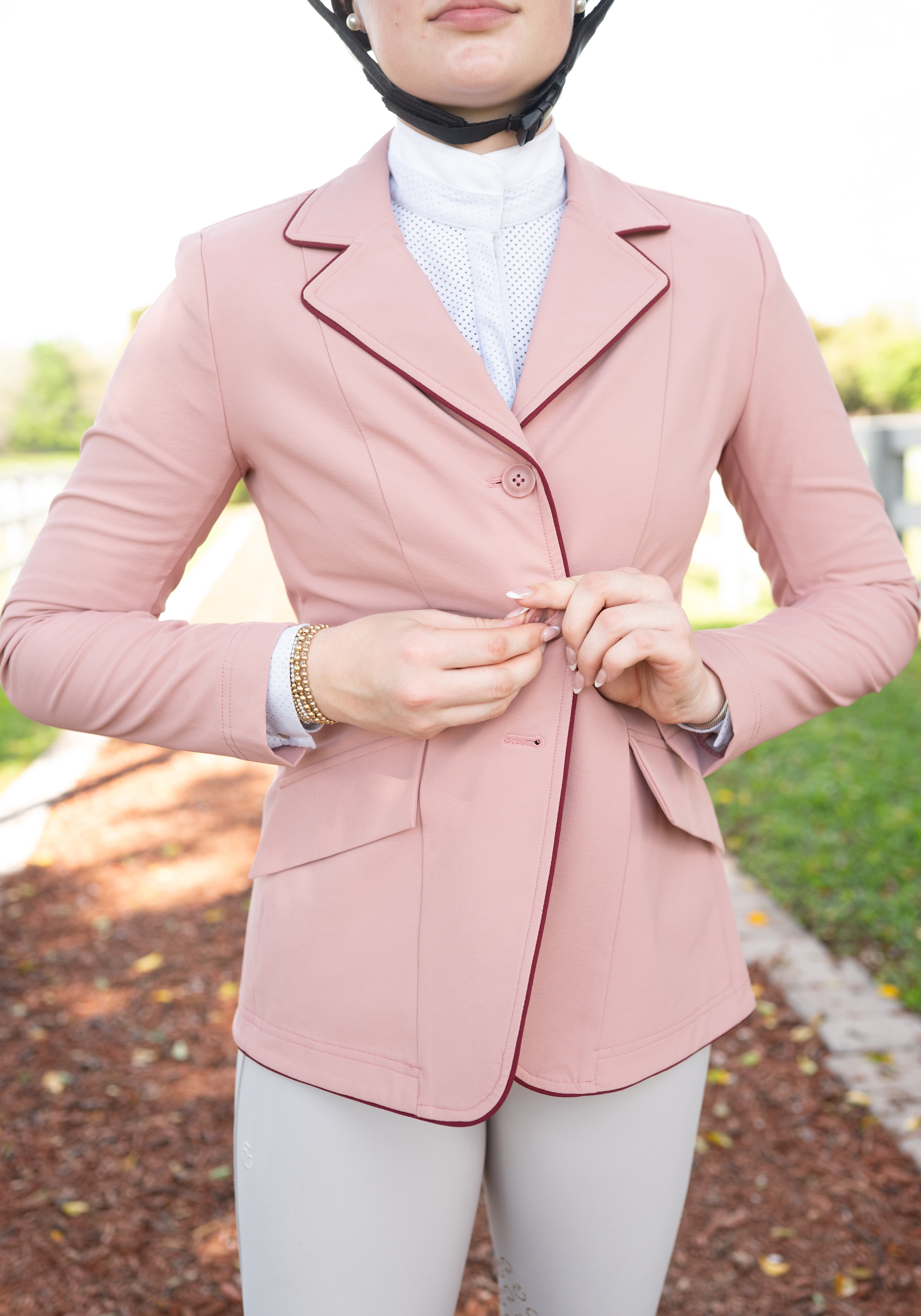 Grand Prix Ladies EQJ 3 Button Show Coat, Rose with Burgundy Piping - Equiluxe Tack