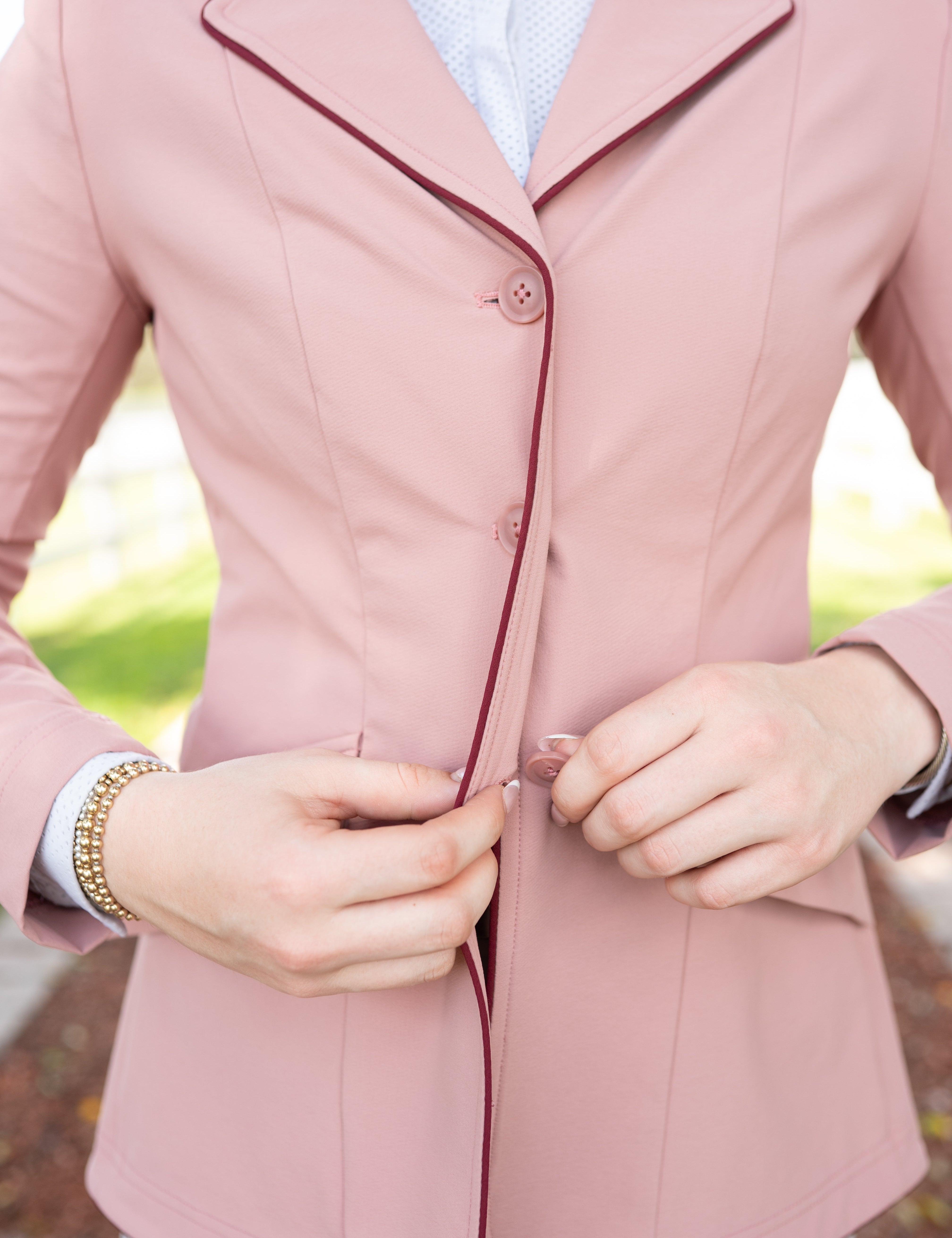 Grand Prix Ladies EQJ 3 Button Show Coat, Rose with Burgundy Piping - Equiluxe Tack