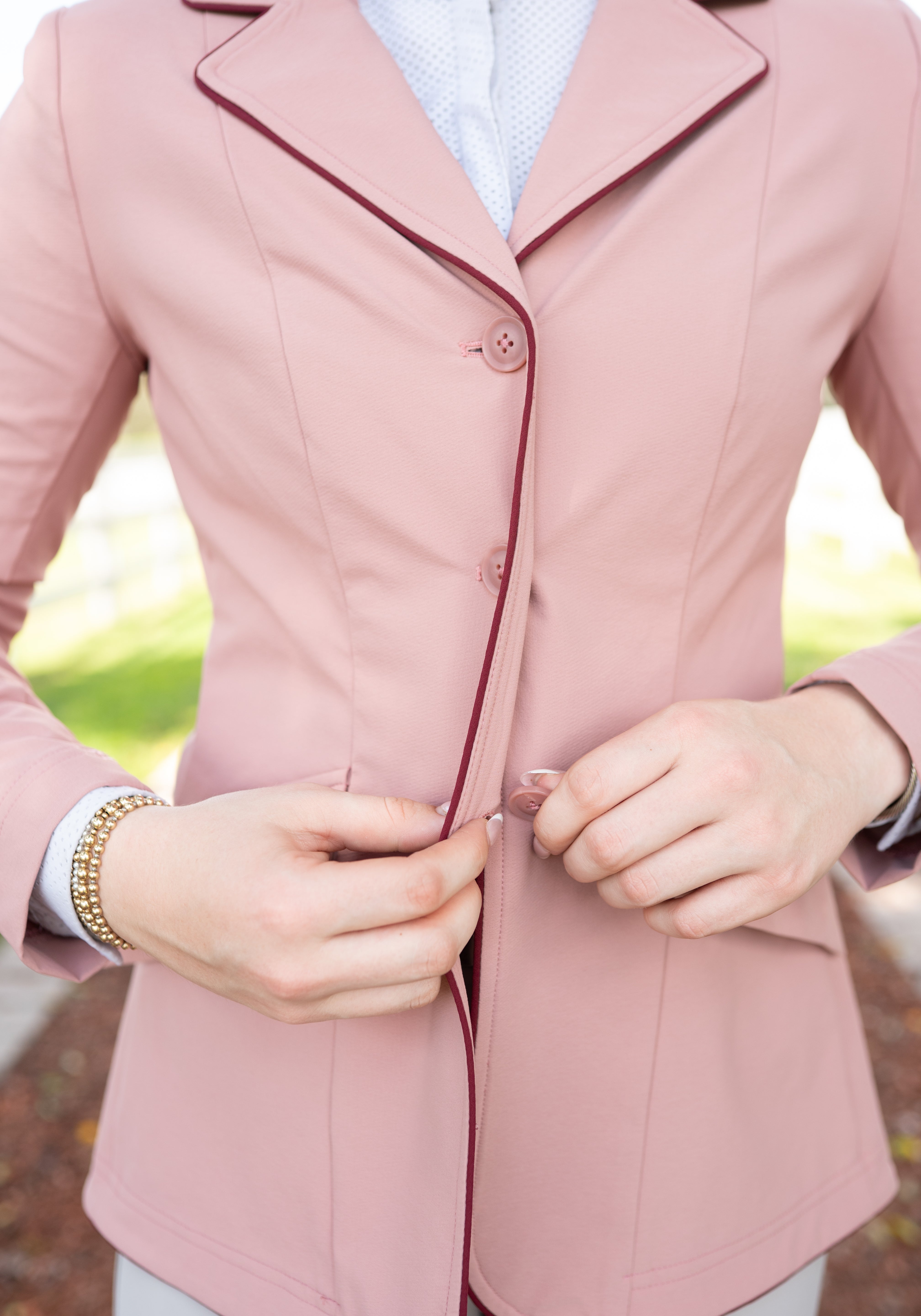 Grand Prix Ladies EQJ 3 Button Show Coat, Rose with Burgundy Piping - Equiluxe Tack