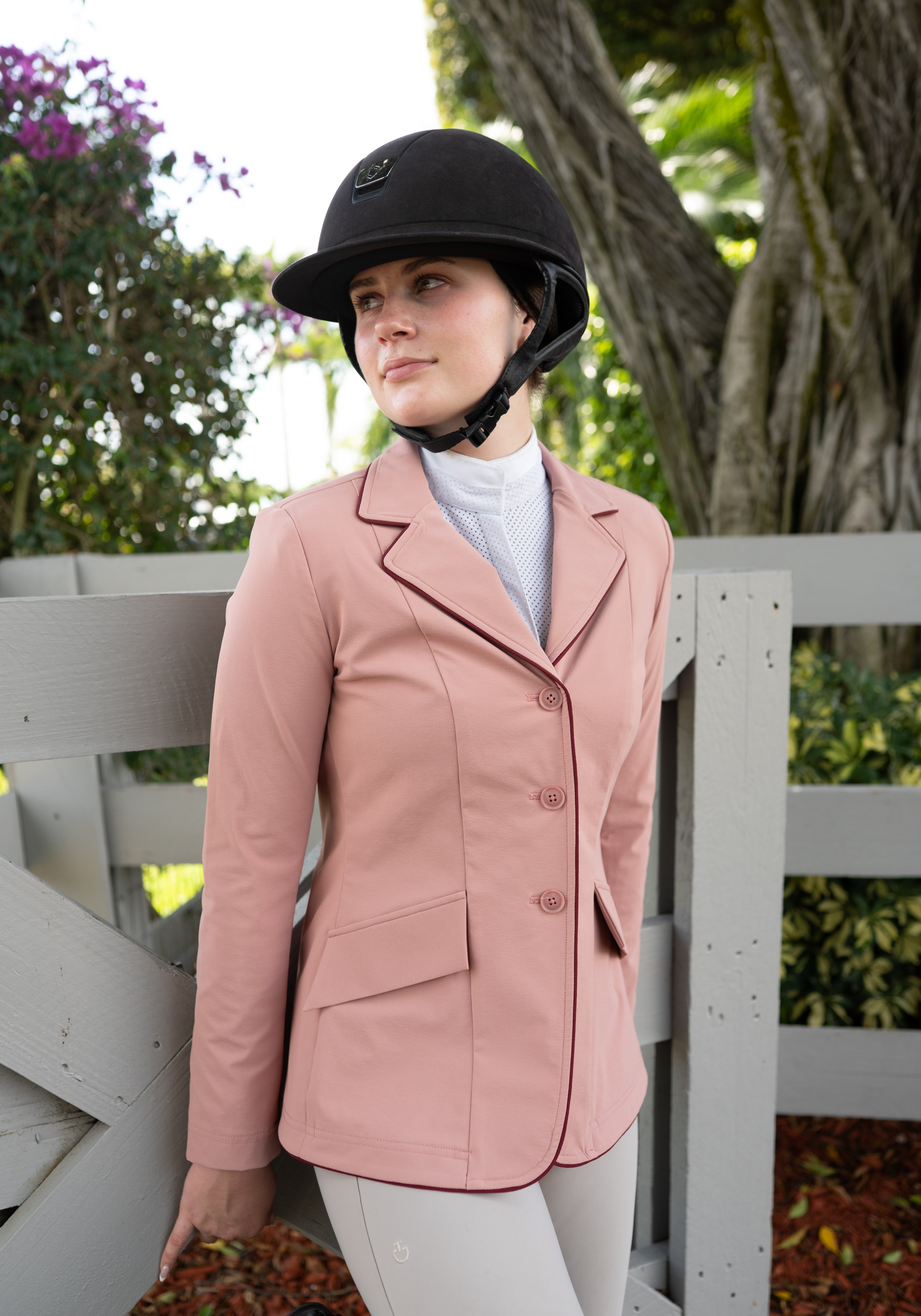 Grand Prix Ladies EQJ 3 Button Show Coat, Rose with Burgundy Piping - Equiluxe Tack