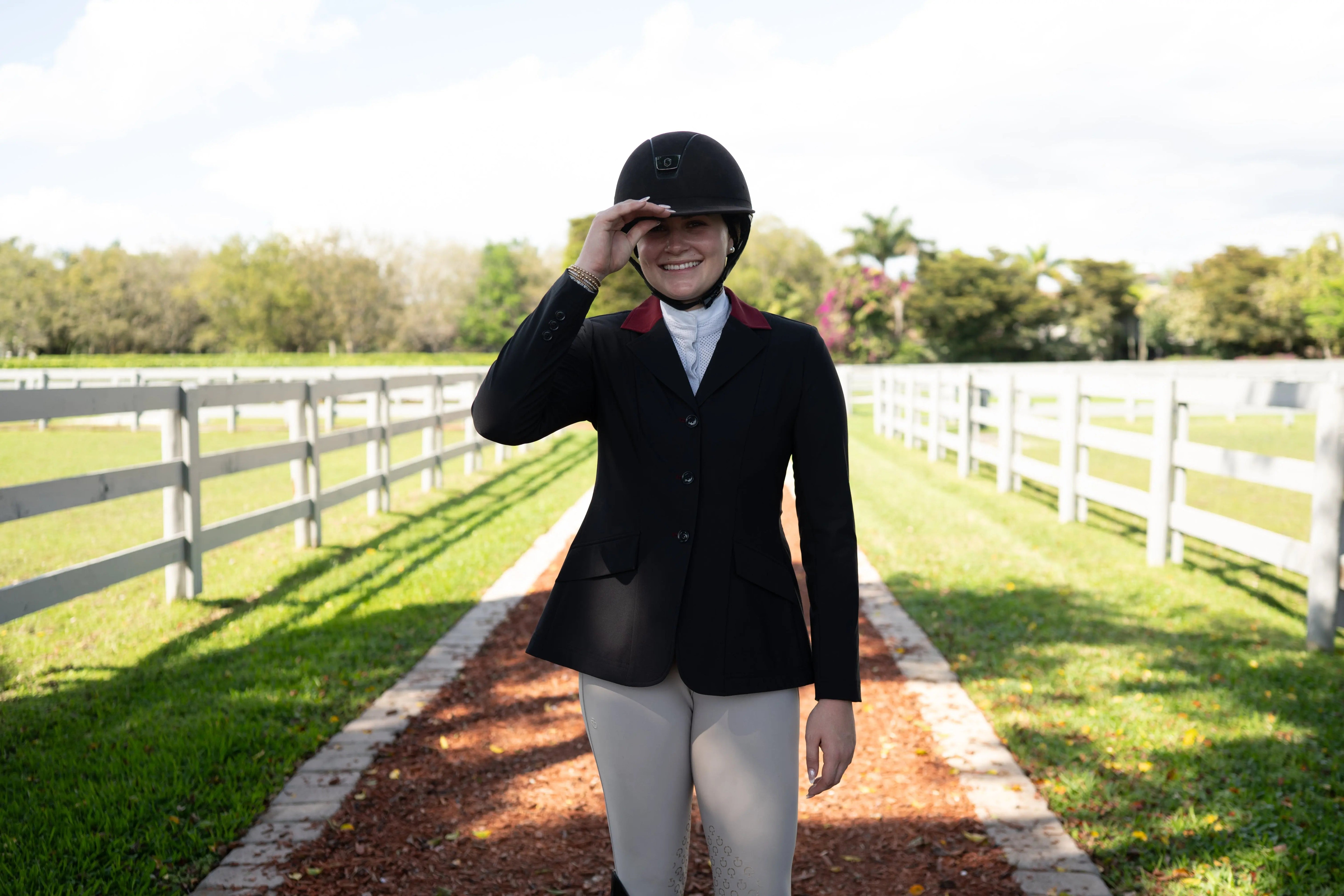 Grand Prix Ladies EQJ Classic 3 Button Show Jacket, Black with Burgundy Collar - Equiluxe Tack