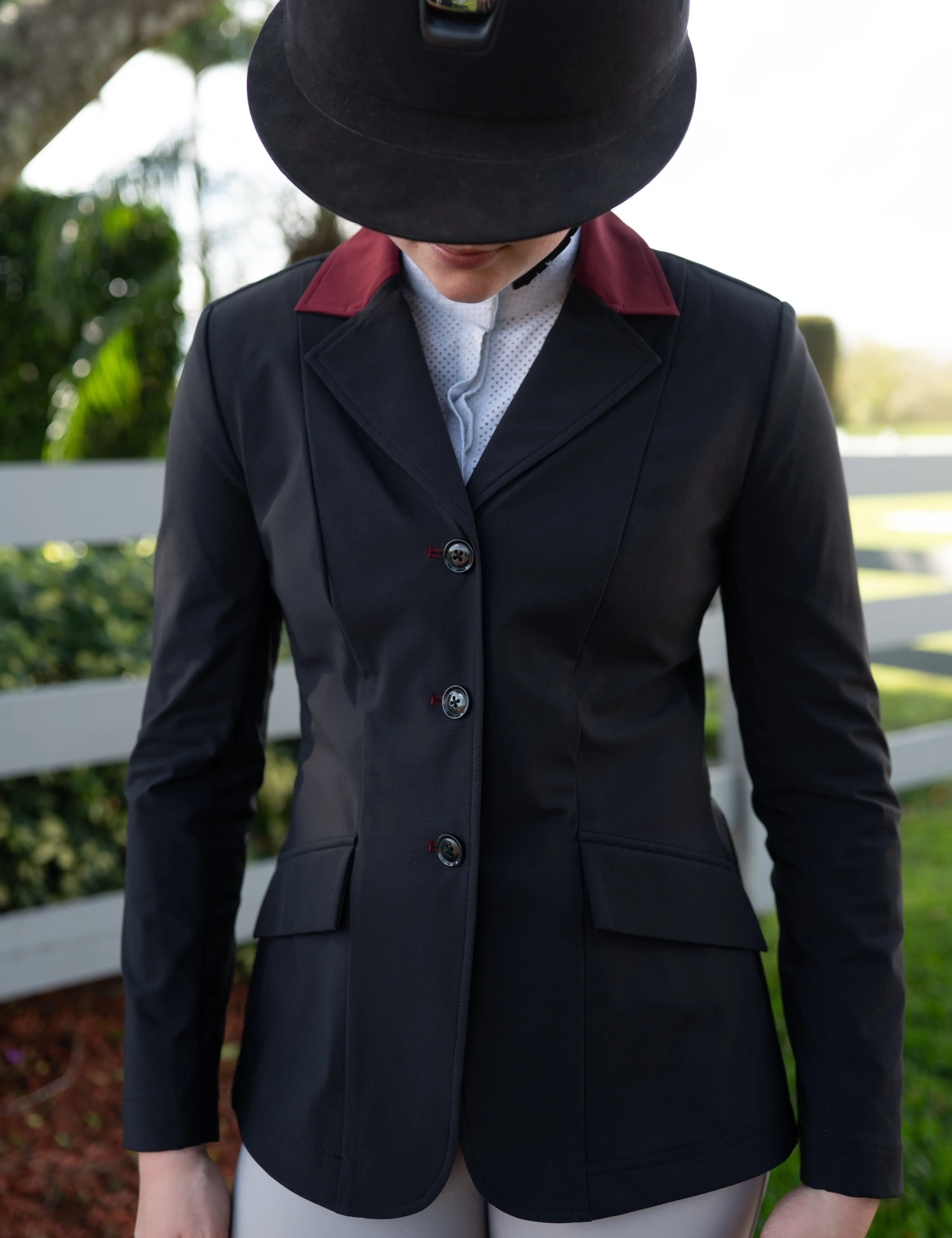 Grand Prix Ladies EQJ Classic 3 Button Show Jacket, Black with Burgundy Collar - Equiluxe Tack
