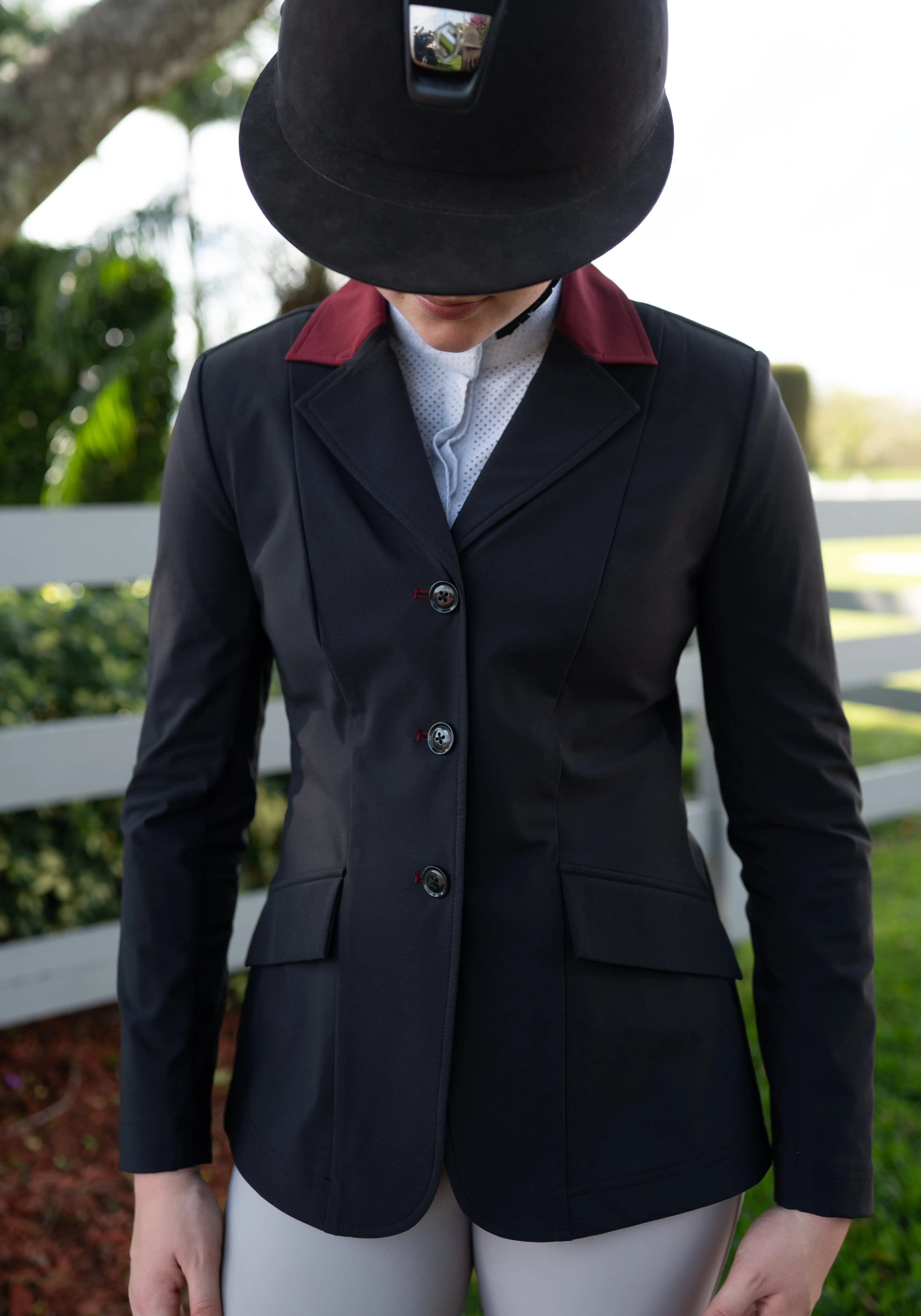 Grand Prix Ladies EQJ Classic 3 Button Show Jacket, Black with Burgundy Collar - Equiluxe Tack