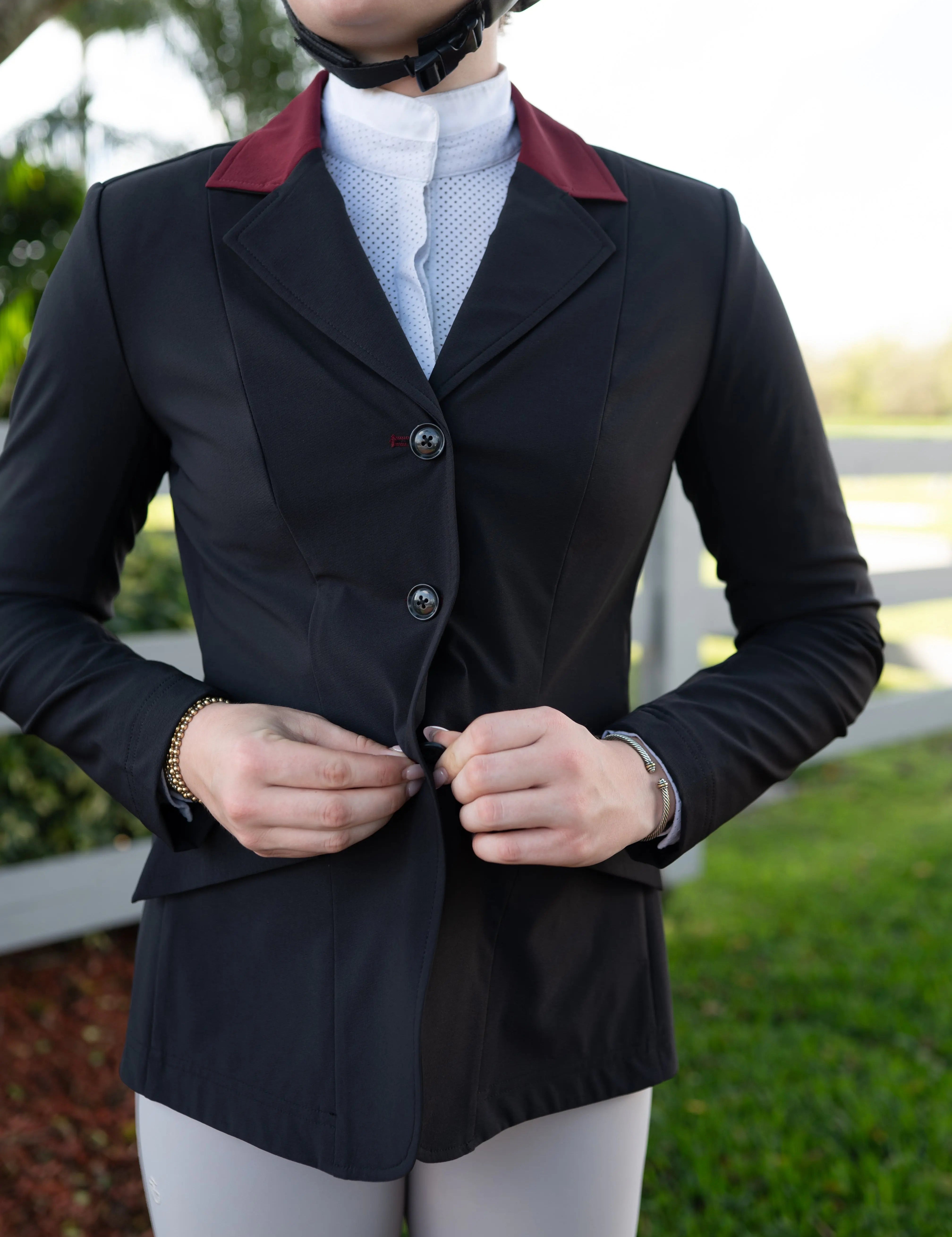 Grand Prix Ladies EQJ Classic 3 Button Show Jacket, Black with Burgundy Collar - Equiluxe Tack