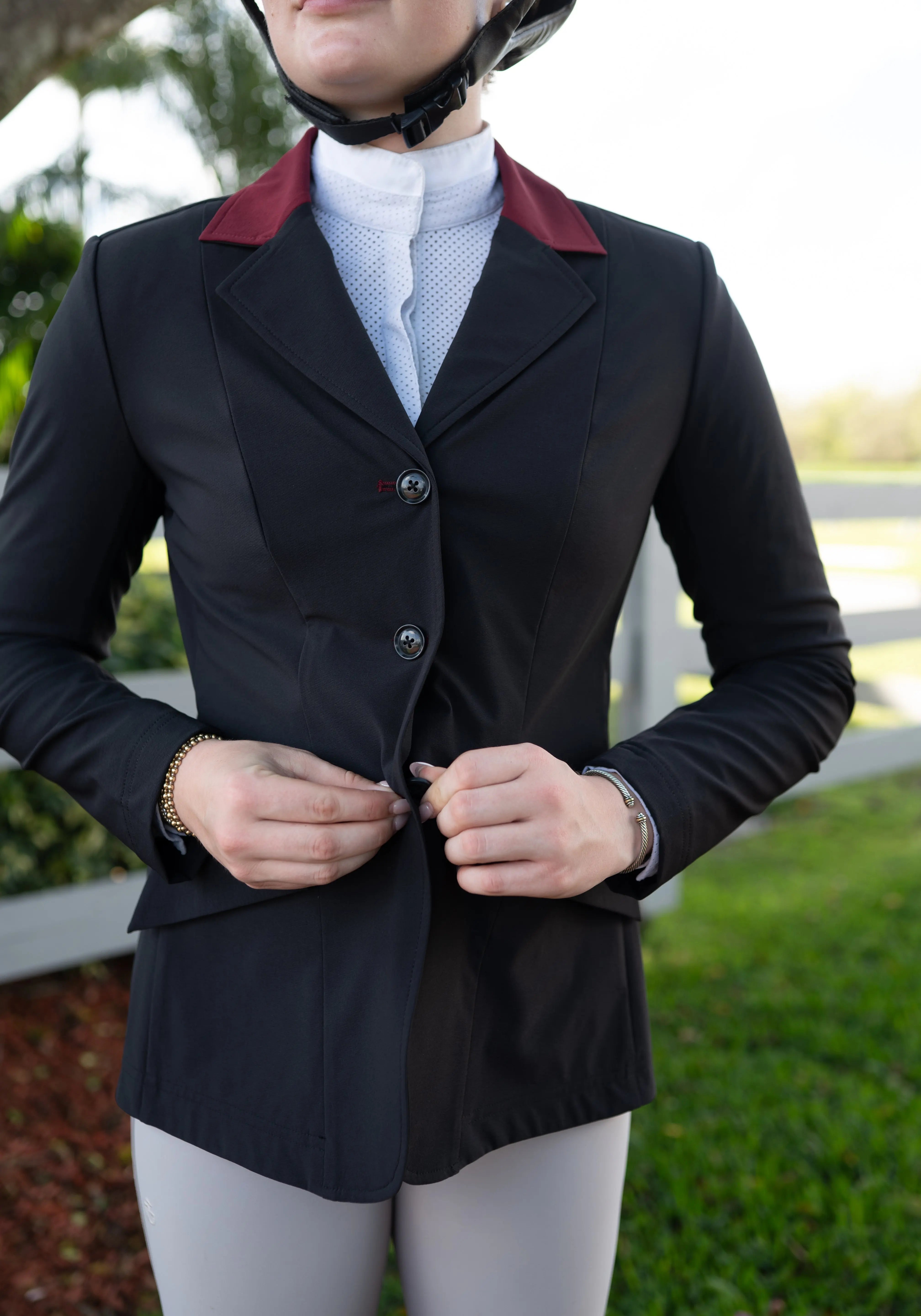 Grand Prix Ladies EQJ Classic 3 Button Show Jacket, Black with Burgundy Collar - Equiluxe Tack