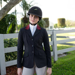 Grand Prix Ladies EQJ Classic 3 Button Show Jacket, Black with Burgundy Collar - Equiluxe Tack