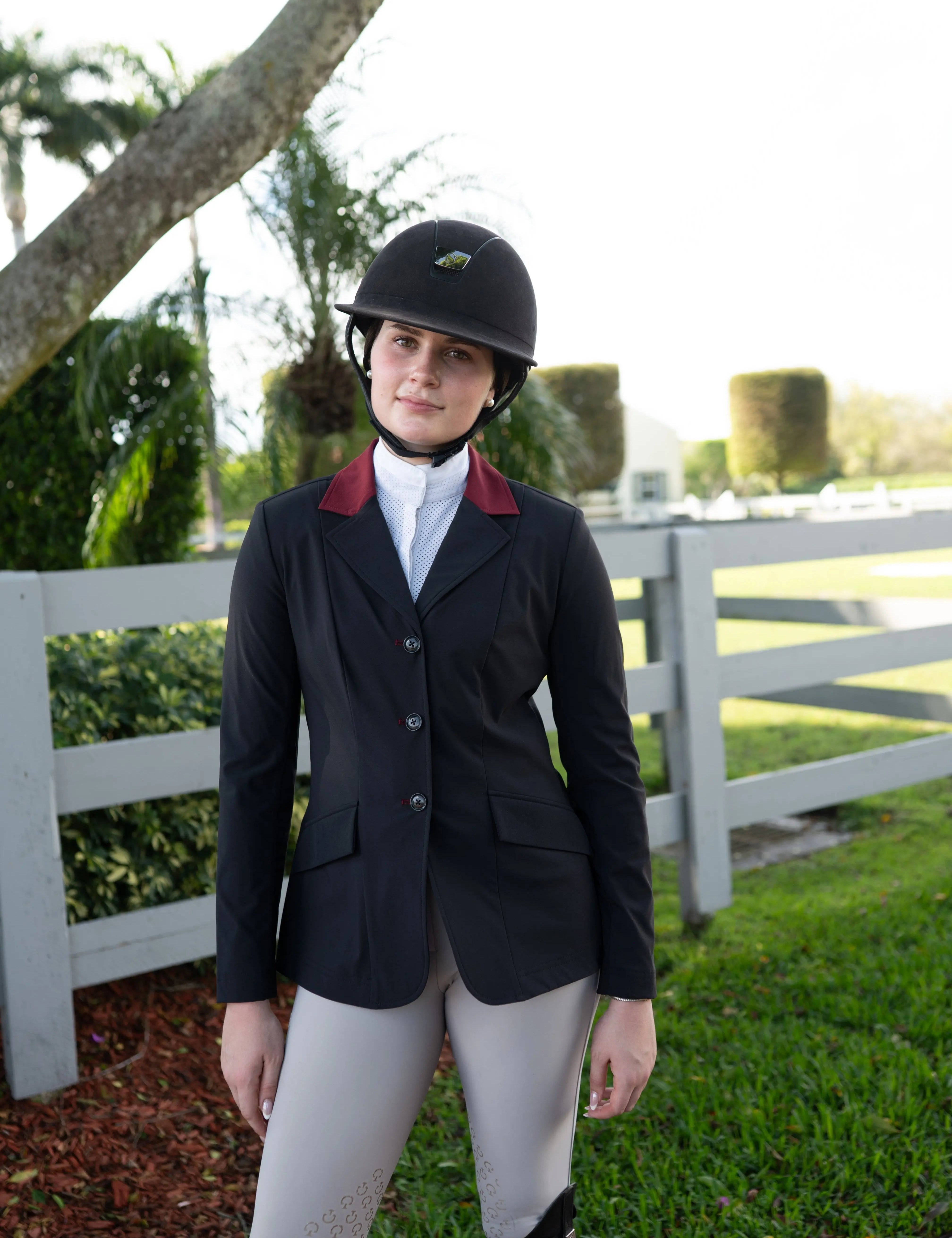 Grand Prix Ladies EQJ Classic 3 Button Show Jacket, Black with Burgundy Collar - Equiluxe Tack