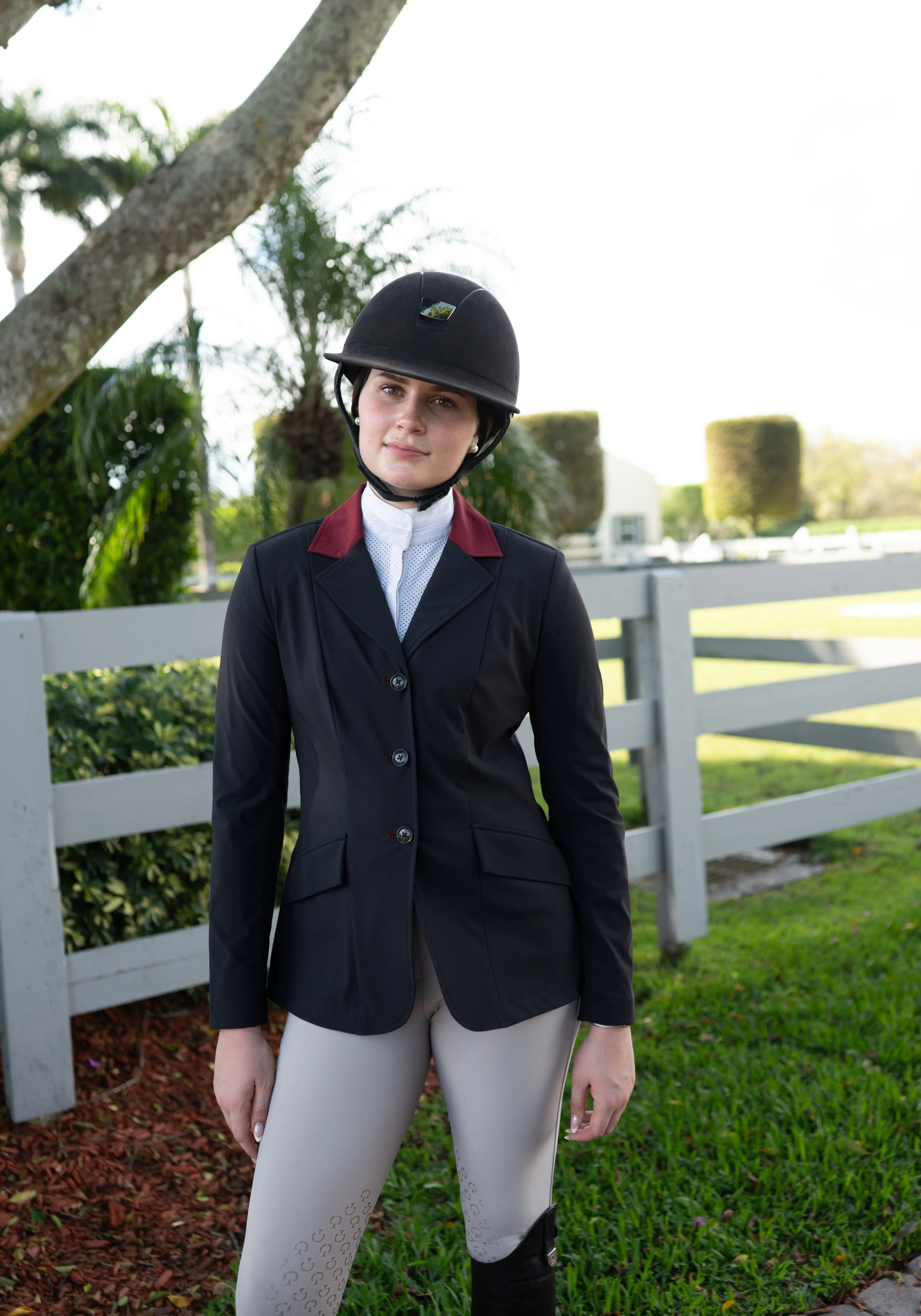 Grand Prix Ladies EQJ Classic 3 Button Show Jacket, Black with Burgundy Collar - Equiluxe Tack