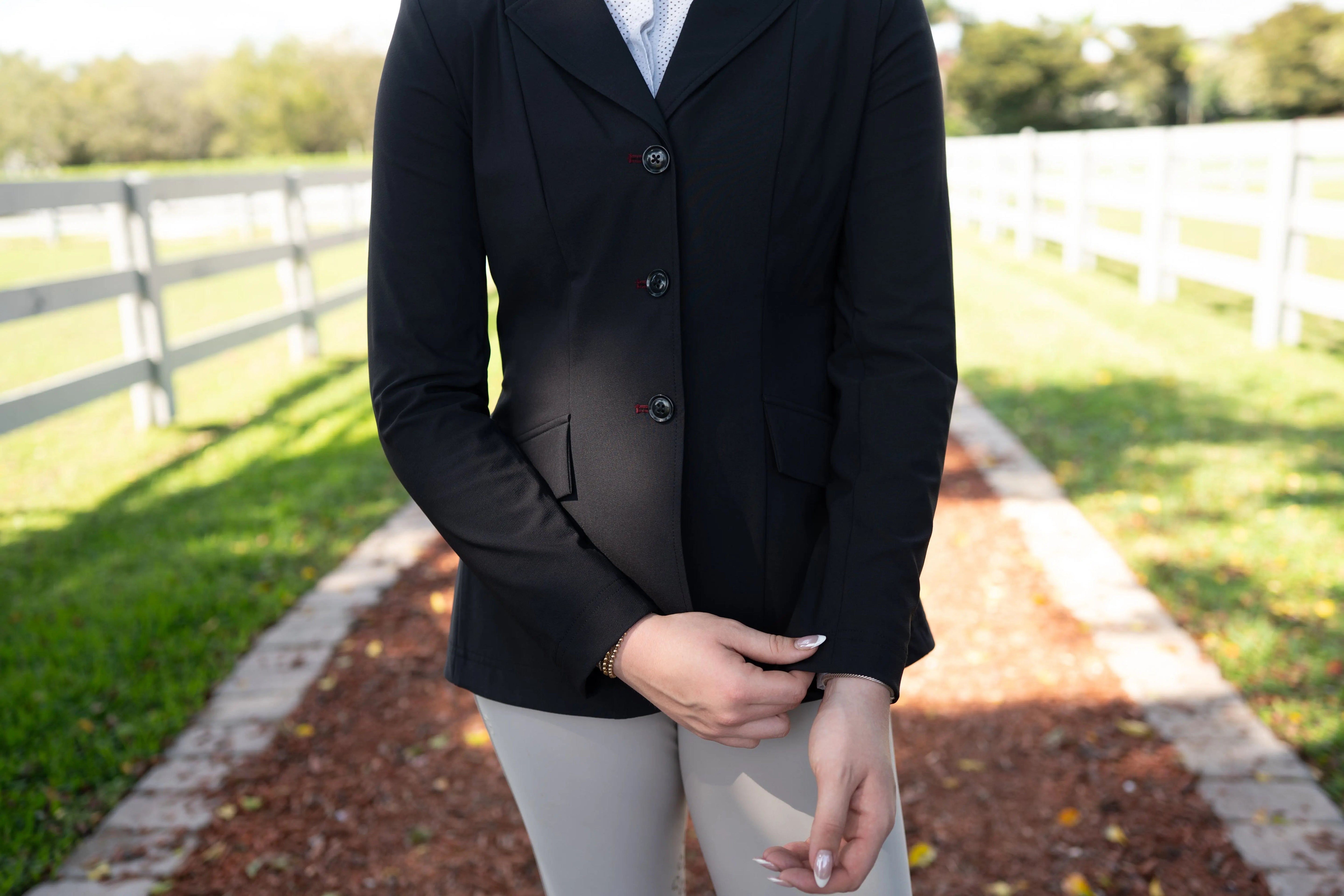 Grand Prix Ladies EQJ Classic 3 Button Show Jacket, Black with Burgundy Collar - Equiluxe Tack