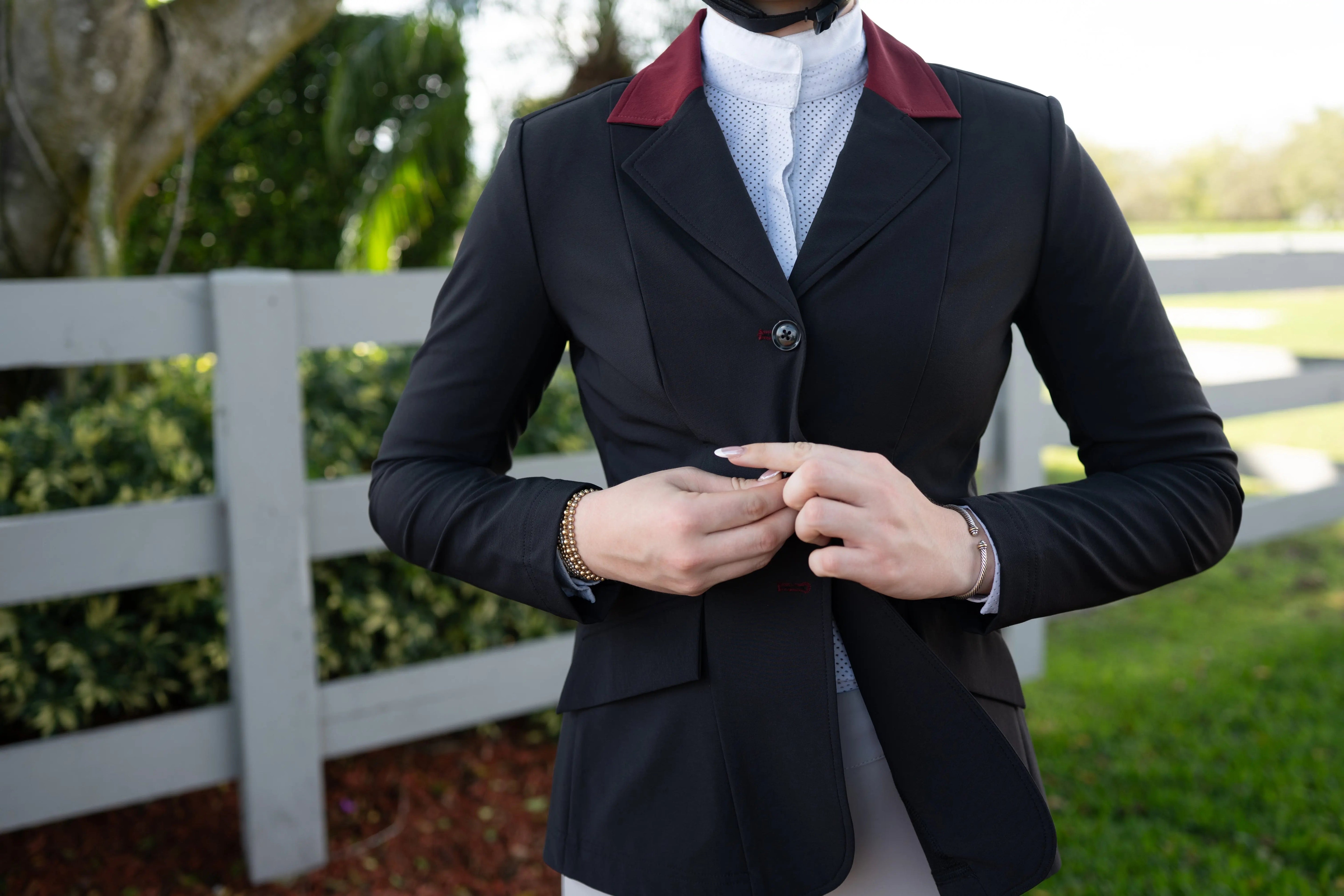 Grand Prix Ladies EQJ Classic 3 Button Show Jacket, Black with Burgundy Collar - Equiluxe Tack
