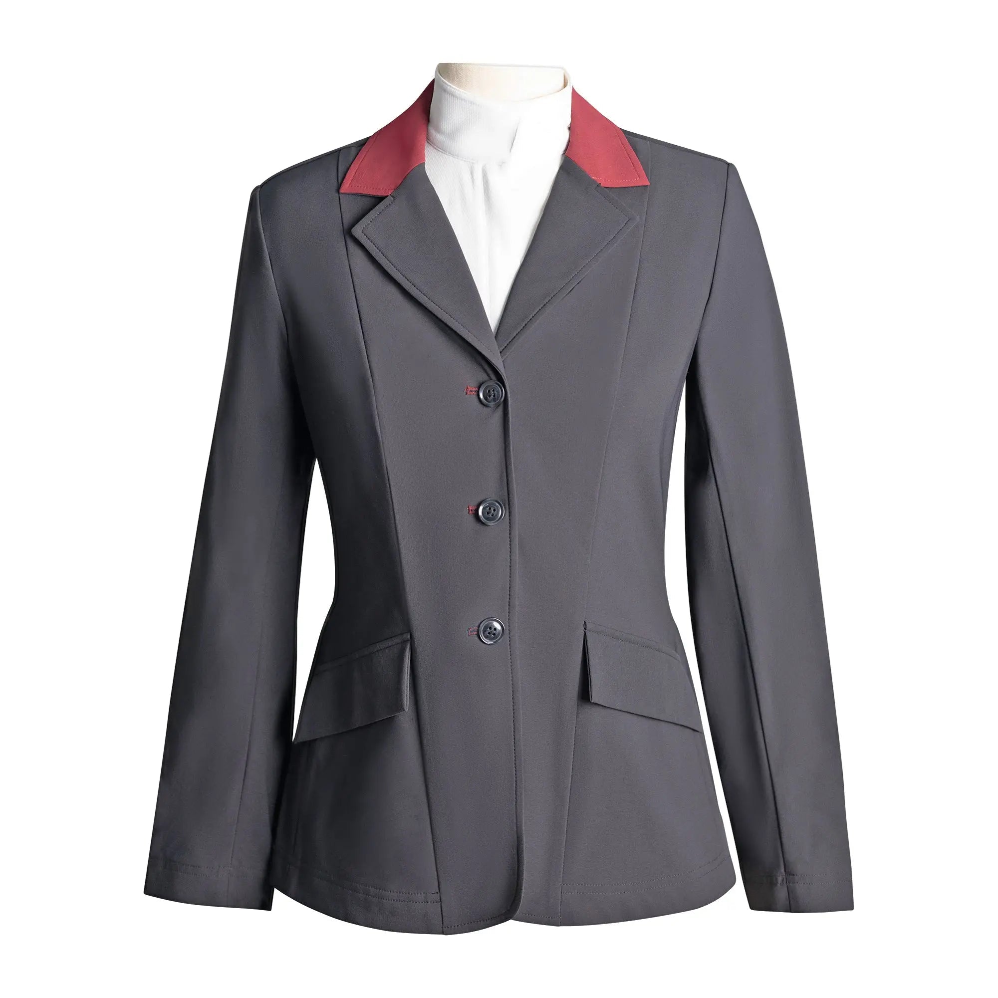 Grand Prix Ladies EQJ Classic 3 Button Show Jacket, Black with Burgundy Collar - Equiluxe Tack