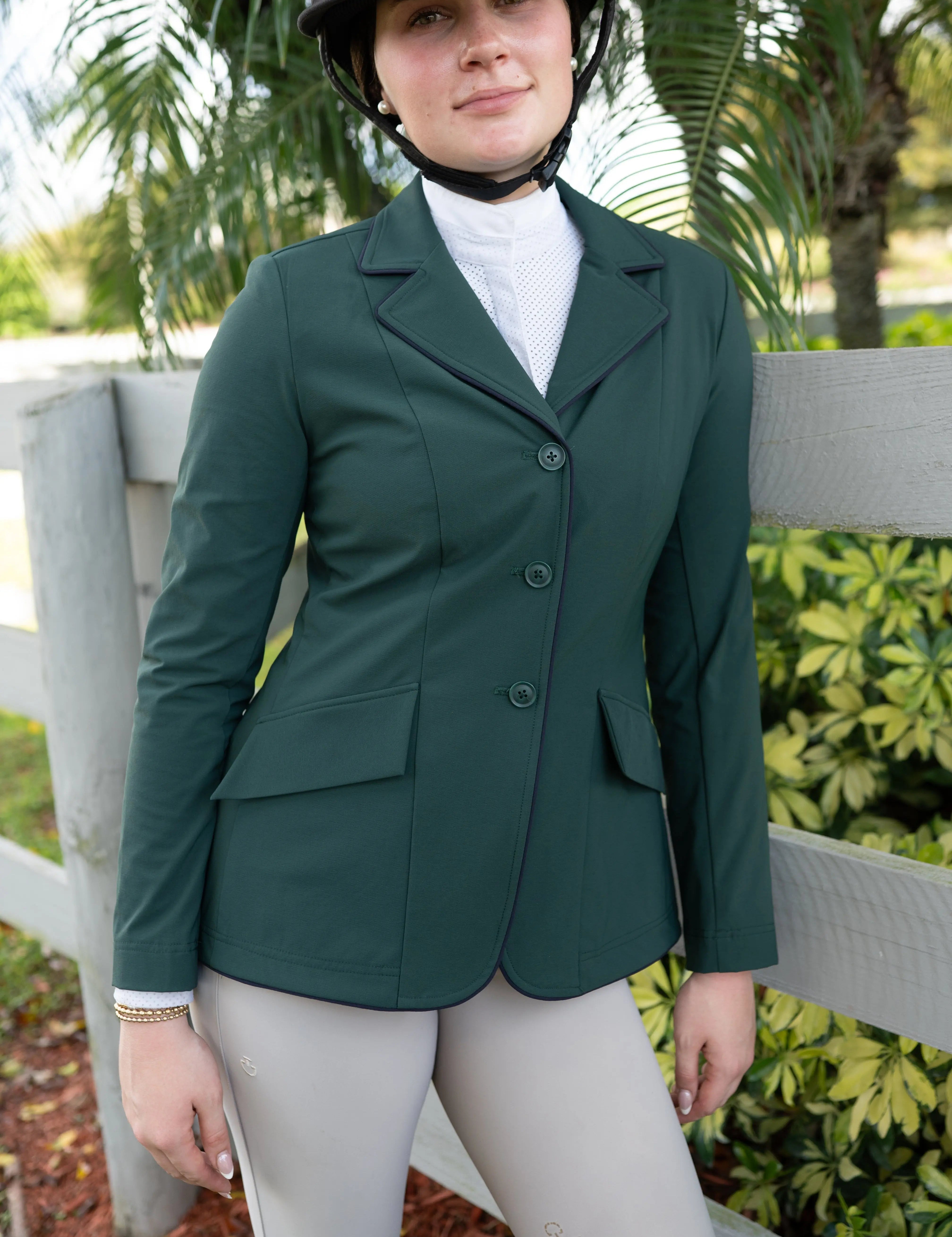 Grand Prix Ladies EQJ Classic 3 Button Show Jacket, New Green with Navy Piping - Equiluxe Tack