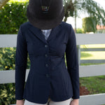 Grand Prix Ladies Quinn Show Coat, 4 Button with Hidden Zipper Closure, Navy - Equiluxe Tack