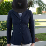 Grand Prix Ladies Quinn Show Coat, 4 Button with Hidden Zipper Closure, Navy - Equiluxe Tack