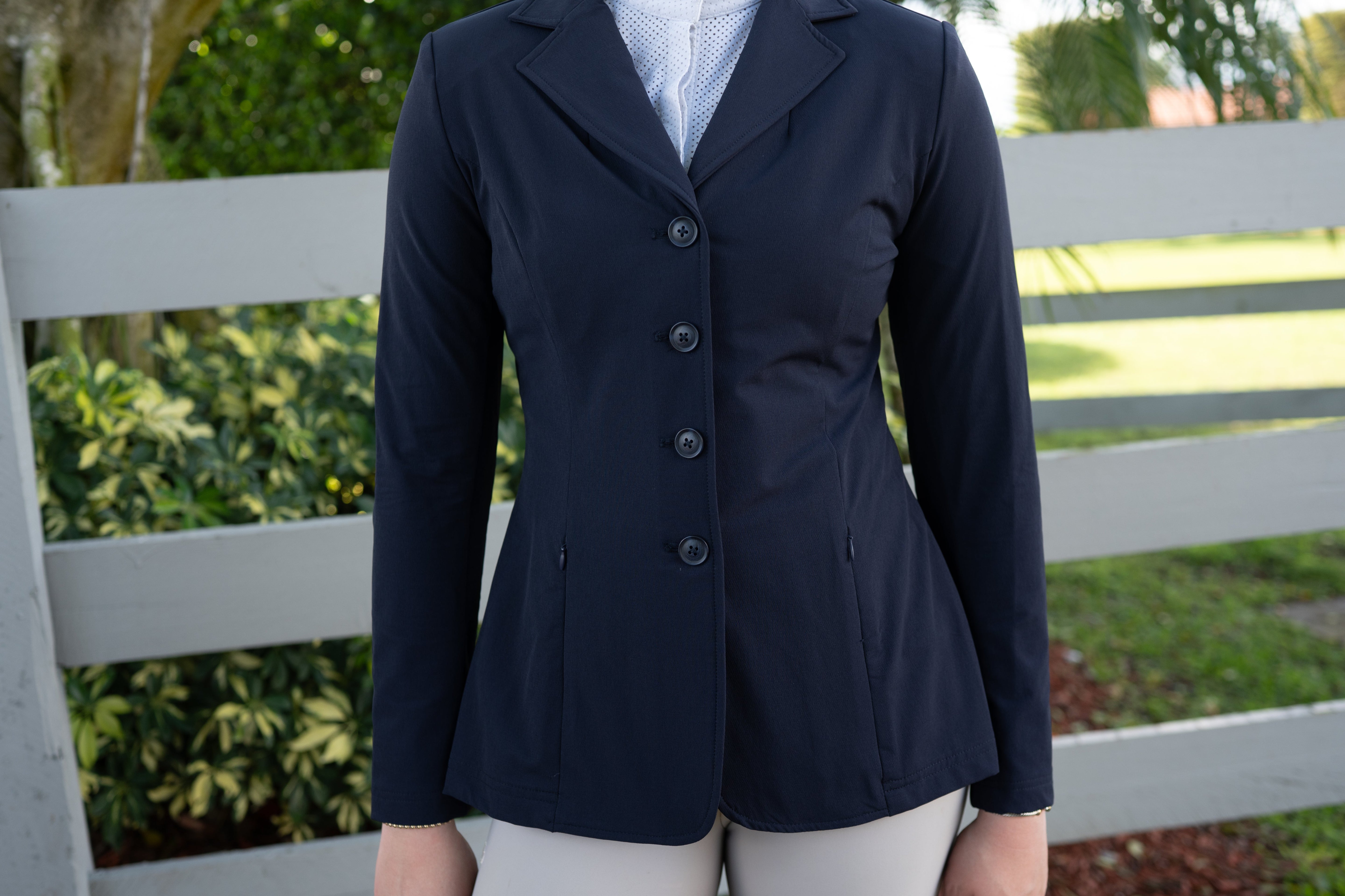 Grand Prix Ladies Quinn Show Coat, 4 Button with Hidden Zipper Closure, Navy - Equiluxe Tack