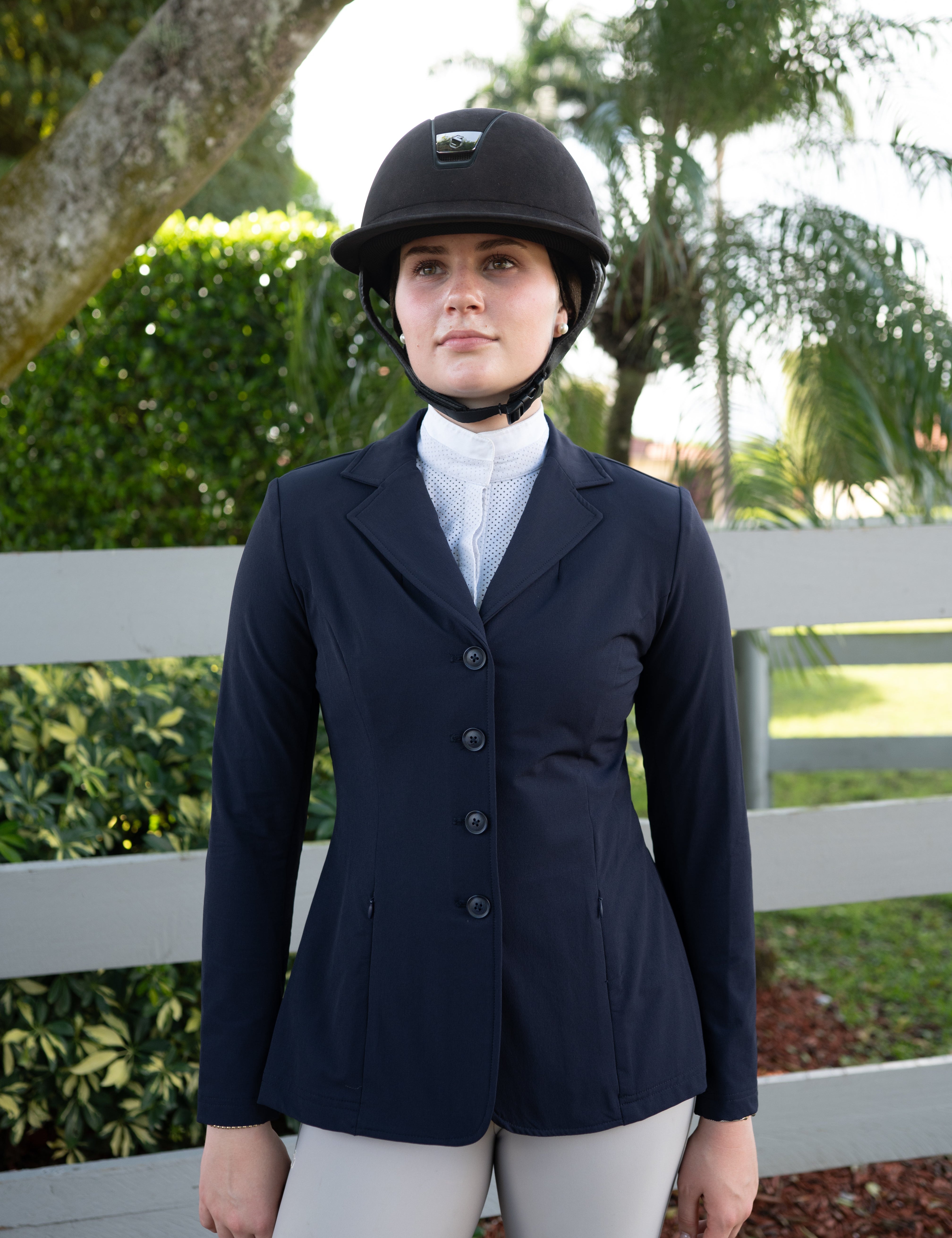 Grand Prix Ladies Quinn Show Coat, 4 Button with Hidden Zipper Closure, Navy - Equiluxe Tack