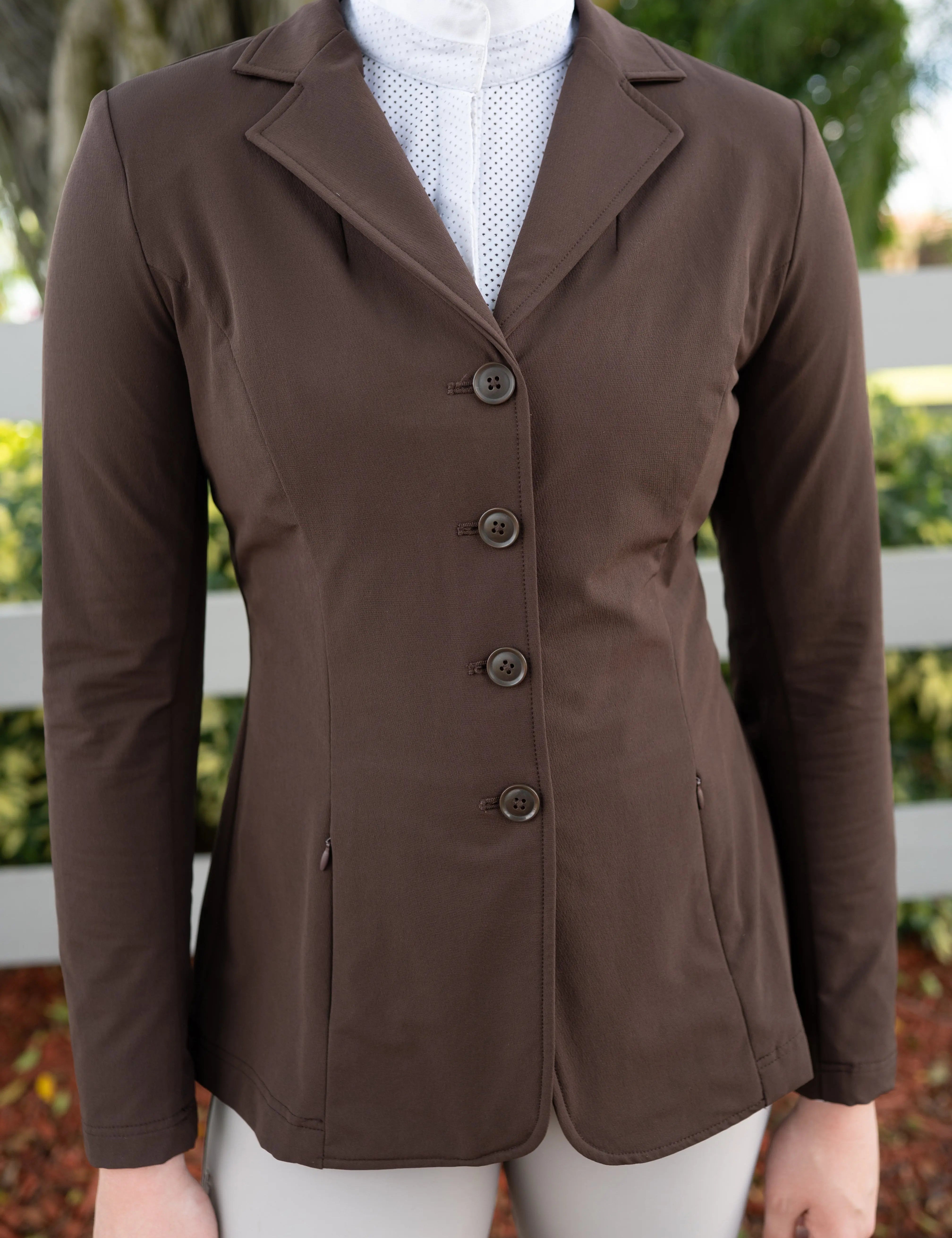 Grand Prix Quinn Show Jacket, 4 Button Front with Hidden Zipper Closure, Chocolate - Equiluxe Tack