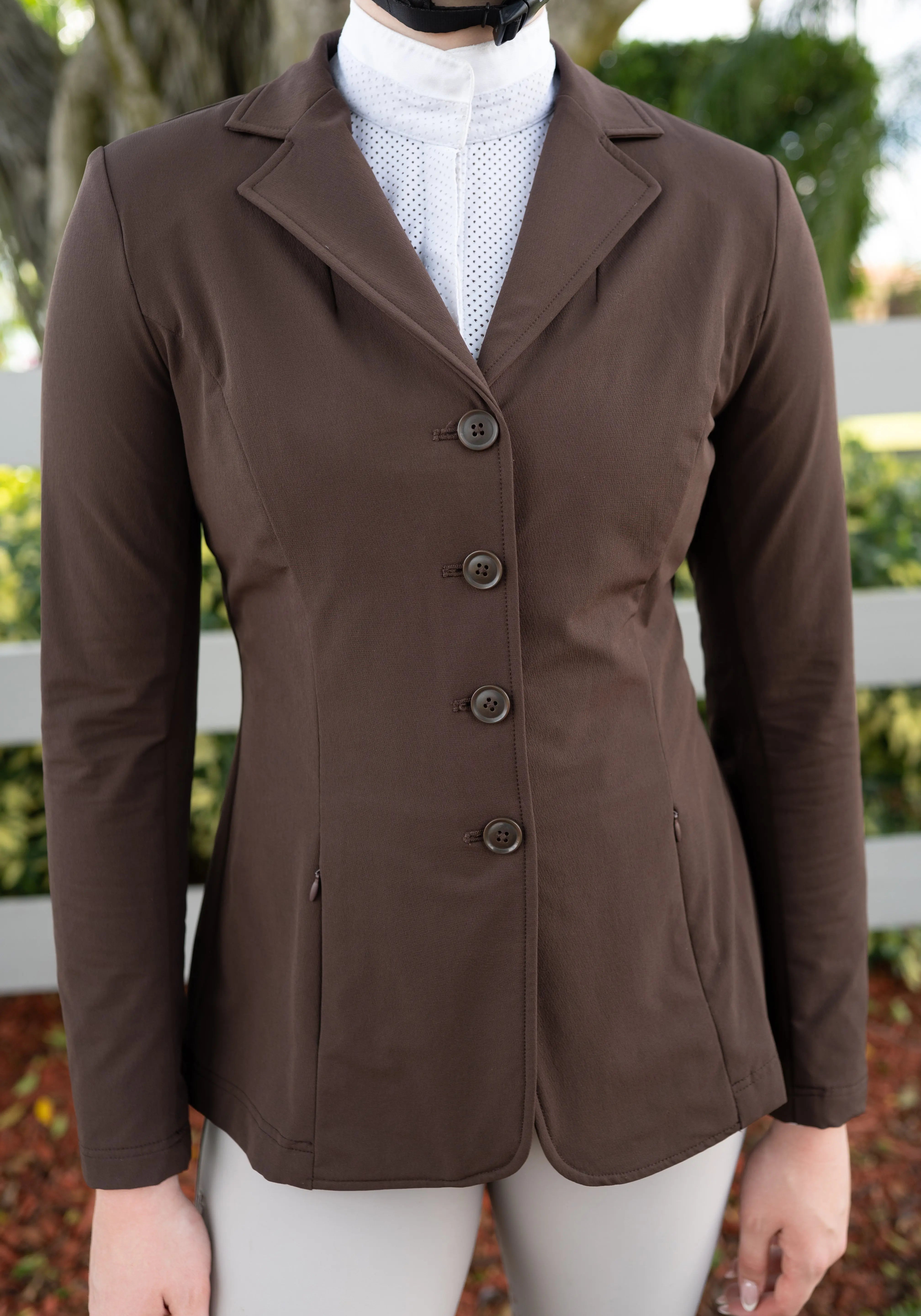 Grand Prix Quinn Show Jacket, 4 Button Front with Hidden Zipper Closure, Chocolate - Equiluxe Tack