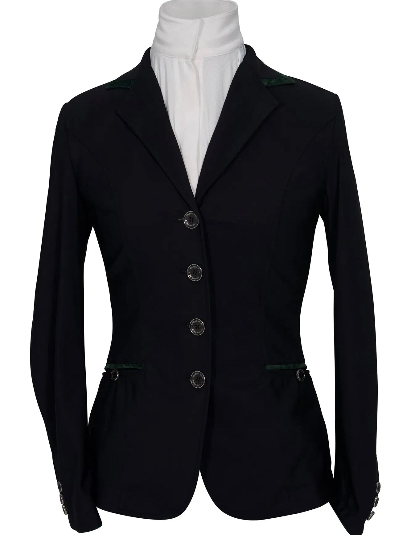 Grand Prix Saltare Premio 4 Button Riding Show Coat, Black with Dark Green - Equiluxe Tack