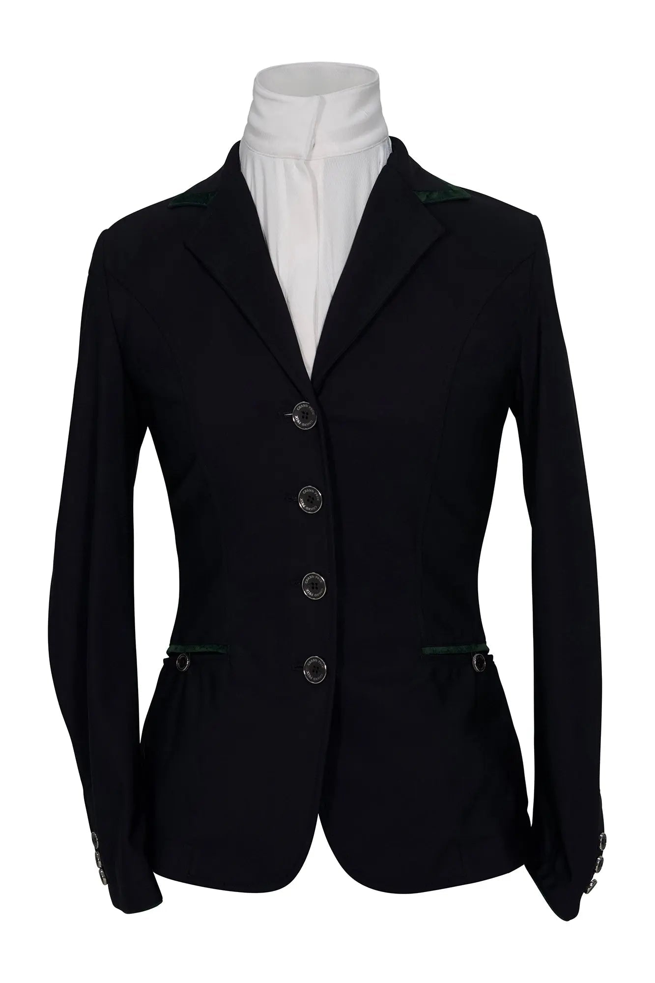 Grand Prix Saltare Premio 4 Button Riding Show Coat, Black with Dark Green - Equiluxe Tack