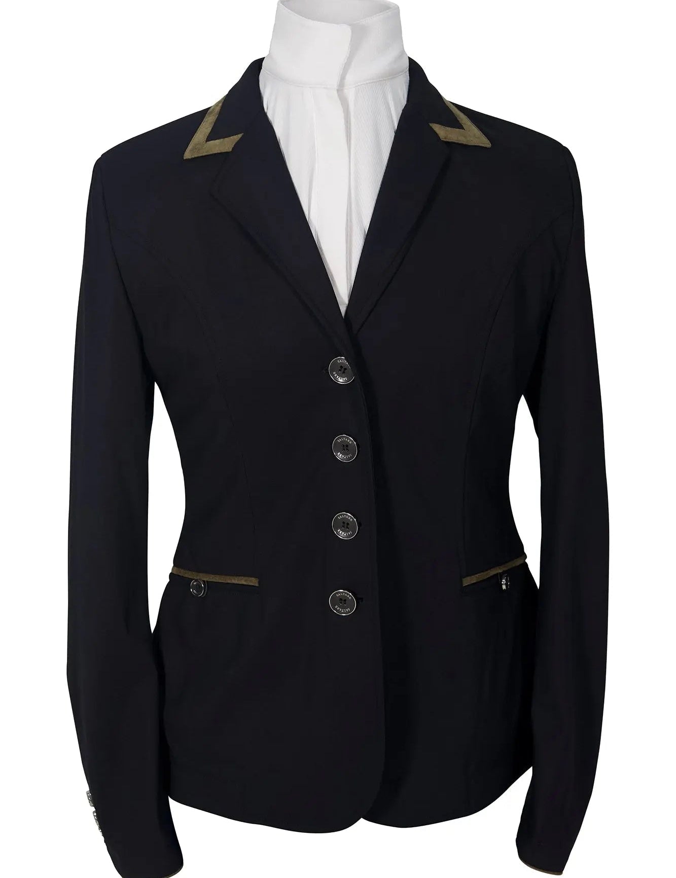 Grand Prix Saltare Premio 4 Button Riding Show Coat, Black with Moss Green - Equiluxe Tack