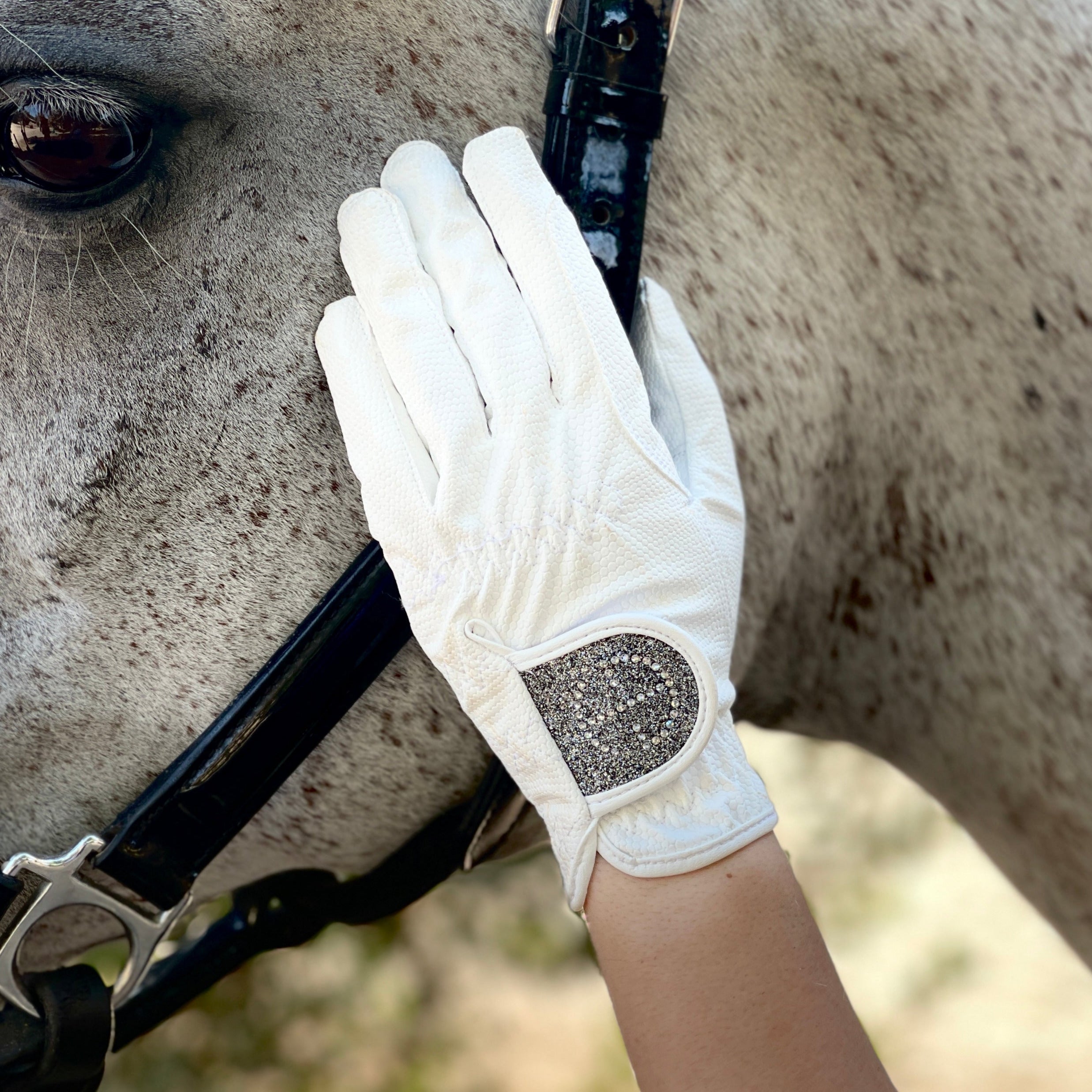 Halter Ego® Competition Gloves - Silver Gray Glitter & Crystal Logo - Halter Ego® - Equiluxe Tack