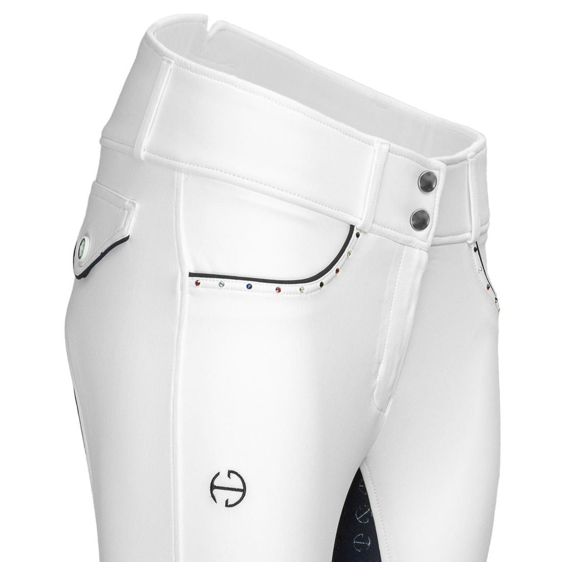 Halter Ego Crystal Evolution High Waist White with Navy Seat Competition Breeches - Halter Ego® - Equiluxe Tack