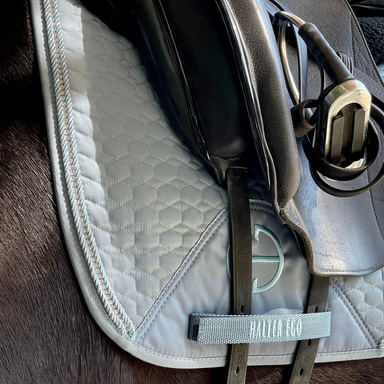 Halter Ego European Cotton Dressage Saddle Pad - Light Blue with Crystals & Light Blue/Silver Twisted Rope Trim - Halter Ego® - Equiluxe Tack