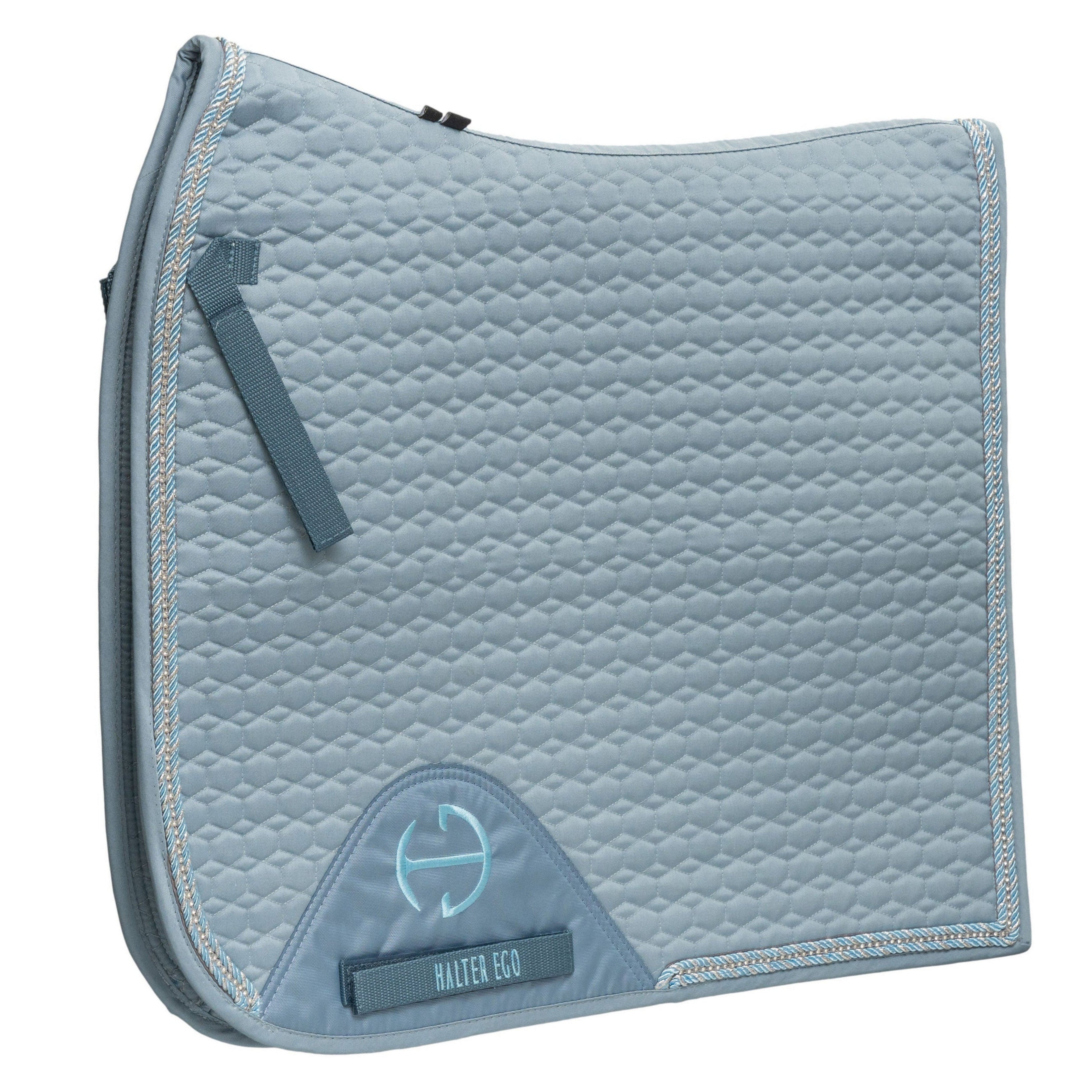 Halter Ego European Cotton Dressage Saddle Pad - Light Blue with Crystals & Light Blue/Silver Twisted Rope Trim - Equiluxe Tack