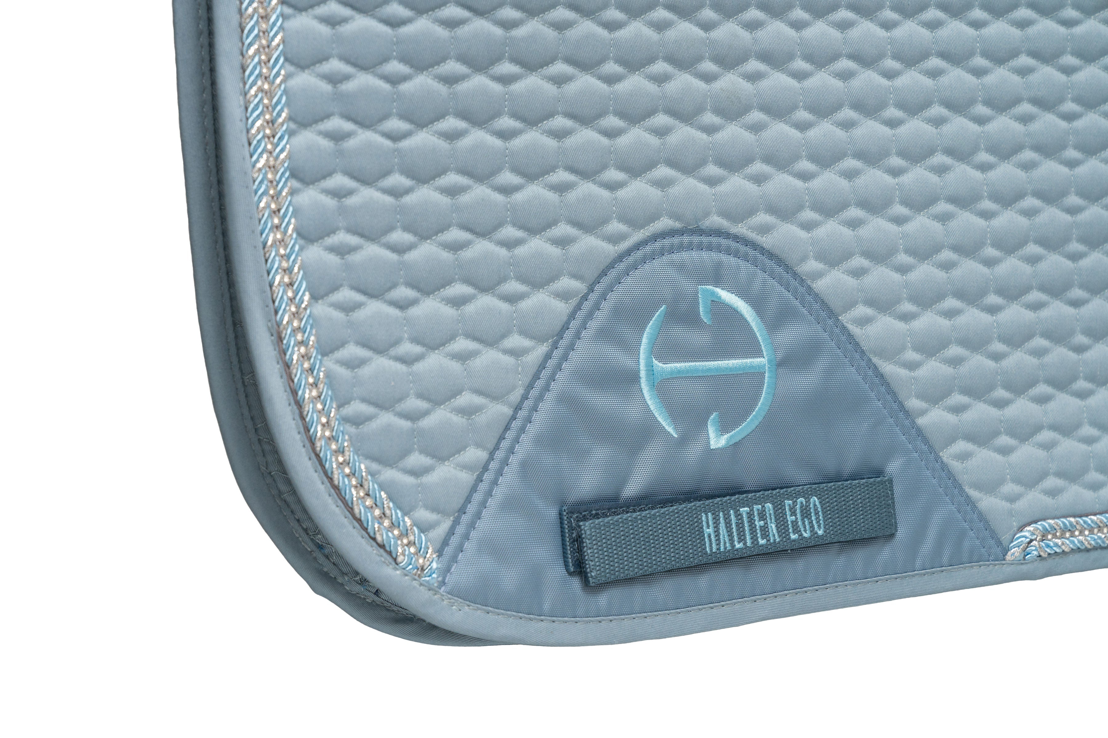 Halter Ego European Cotton Dressage Saddle Pad - Light Blue with Crystals & Light Blue/Silver Twisted Rope Trim - Equiluxe Tack