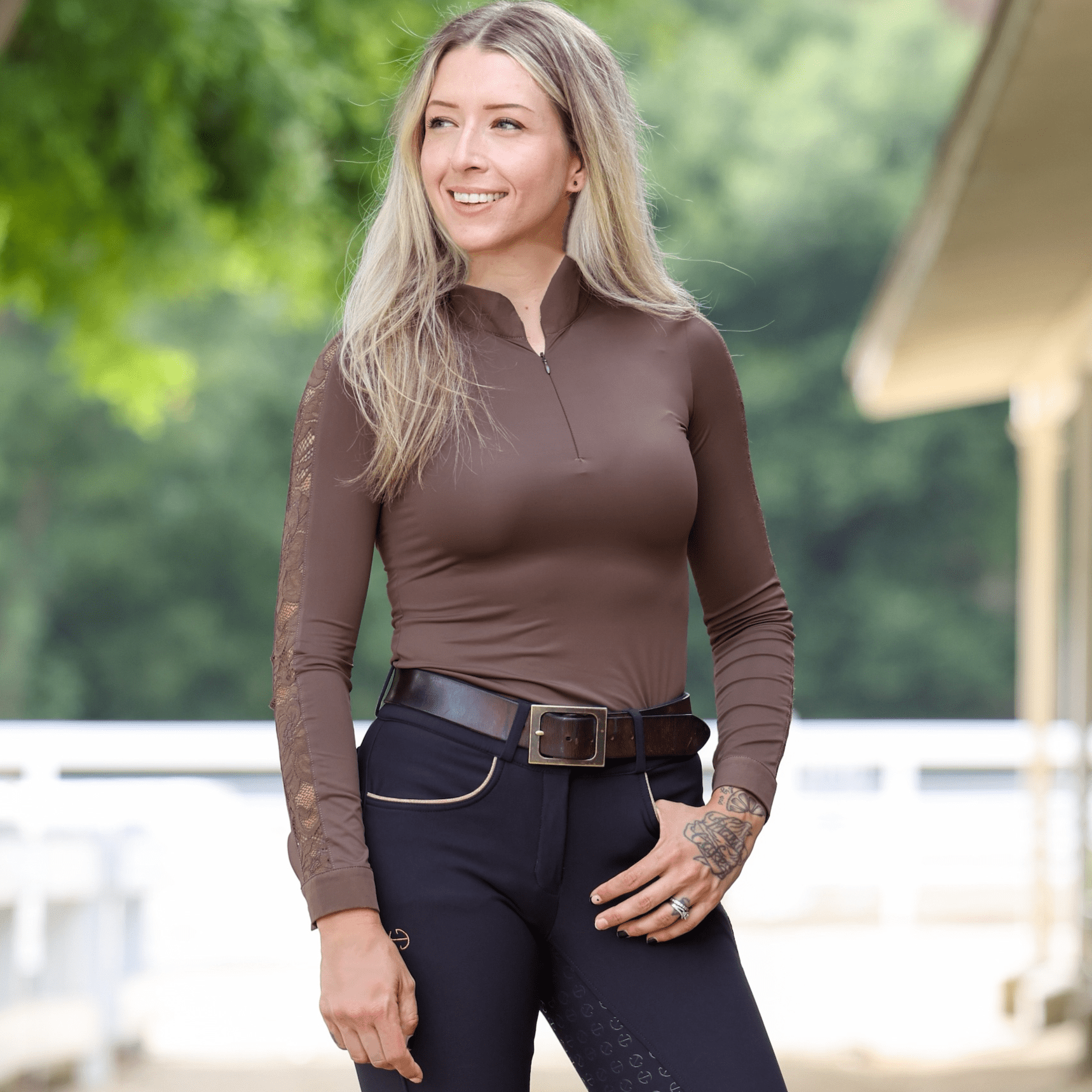 Halter Ego Maia Long Sleeve Lace Competition Shirt - Chocolate Brown - Halter Ego® - Equiluxe Tack